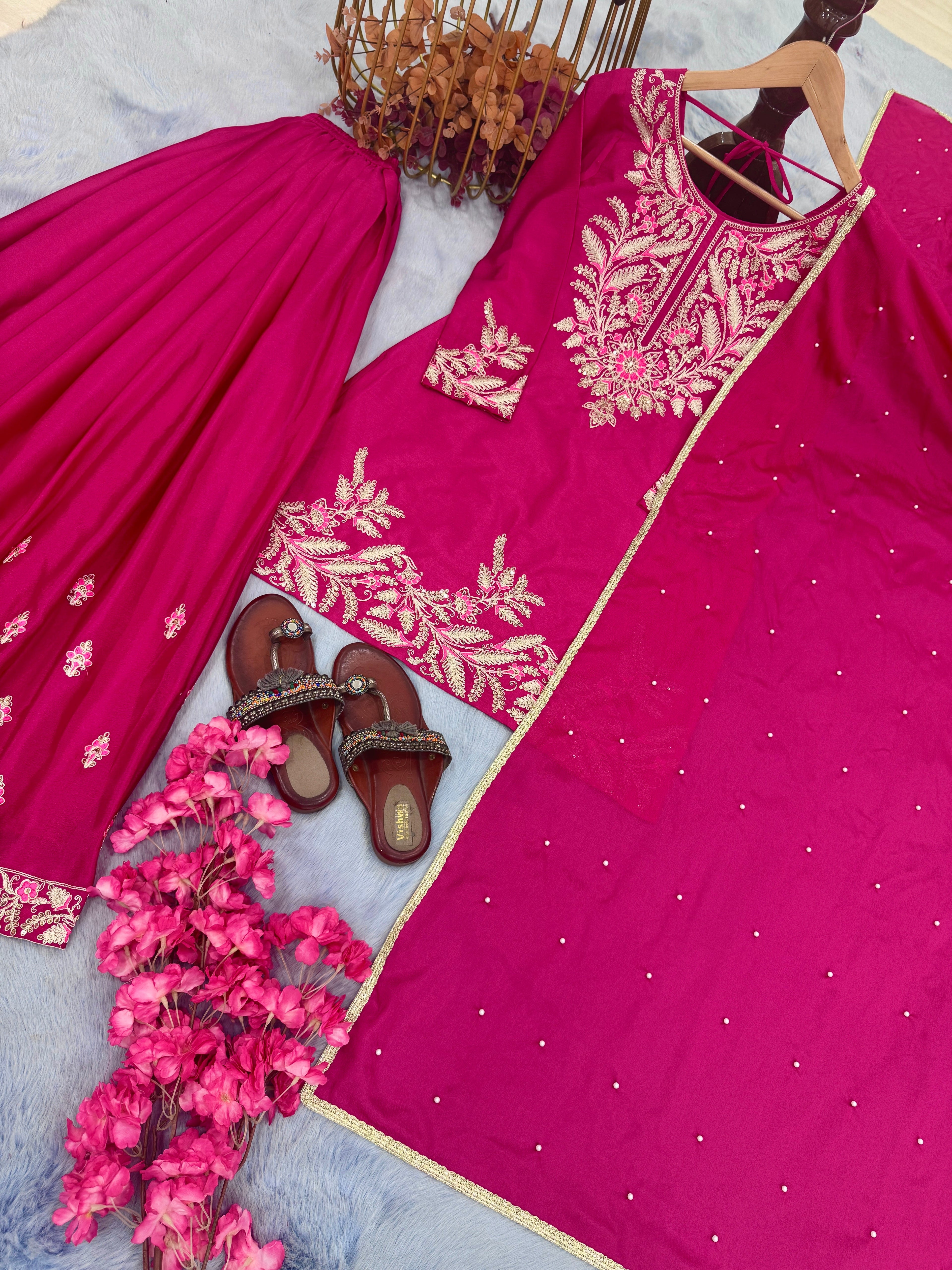Designer Party Wear Look Pure Chinon Silk Top Plazzo & Dupatta Set