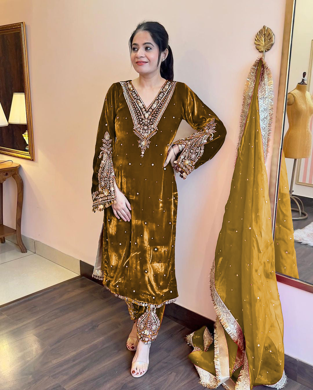 Designer Party Wear Look Heavy Pure Viscose Velvet Top Plazzo &amp; Dupatta Set