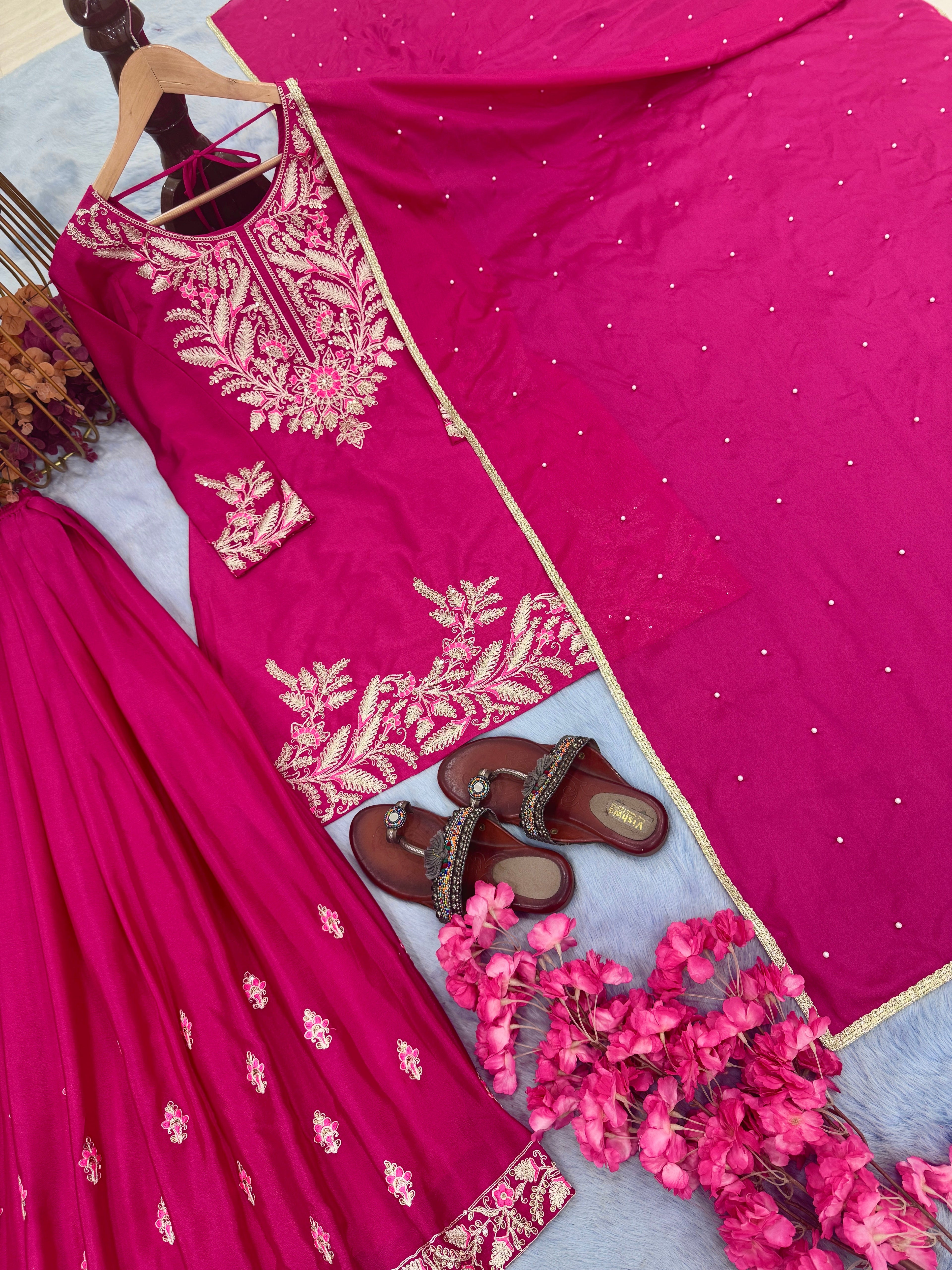 Designer Party Wear Look Pure Chinon Silk Top Plazzo & Dupatta Set