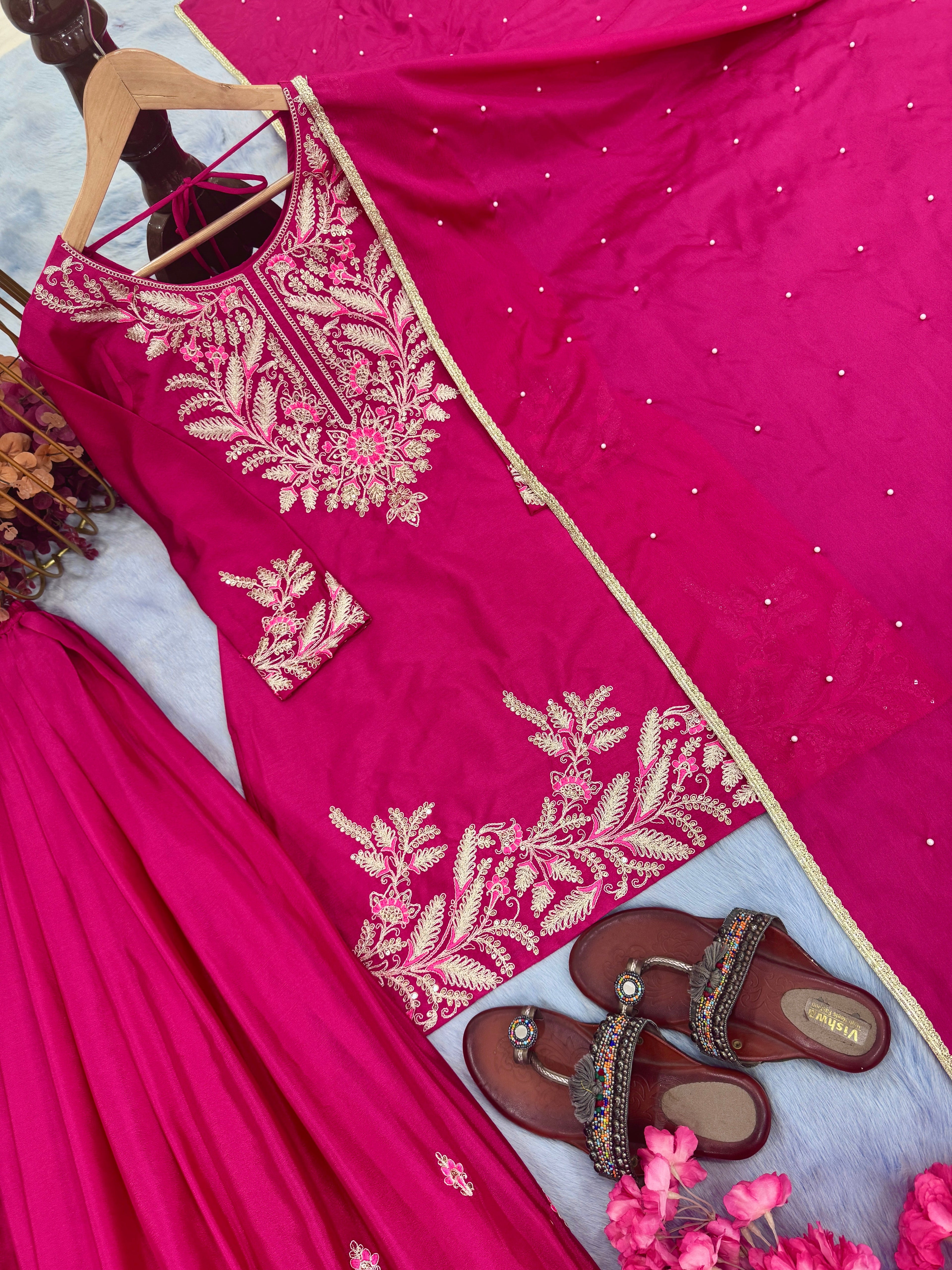 Designer Party Wear Look Pure Chinon Silk Top Plazzo & Dupatta Set