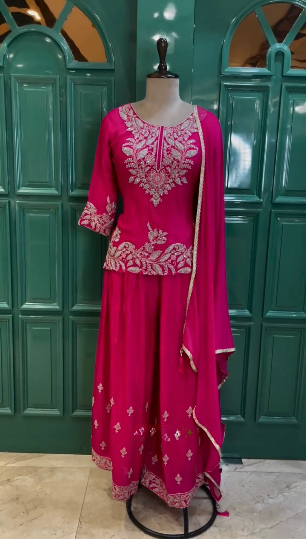 Designer Party Wear Look Pure Chinon Silk Top Plazzo & Dupatta Set