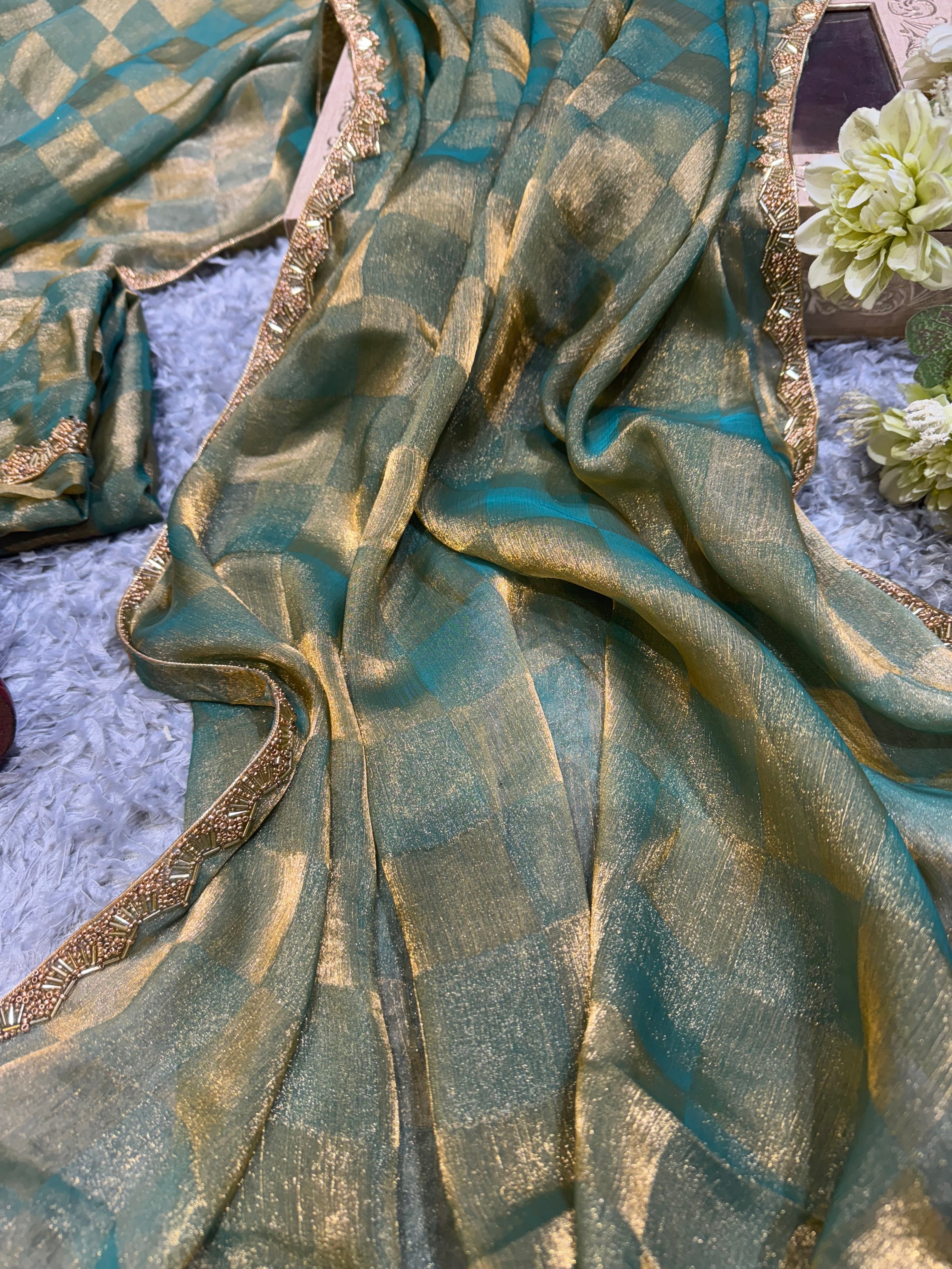 Designer Party Wear Saree With Moti Lace Border