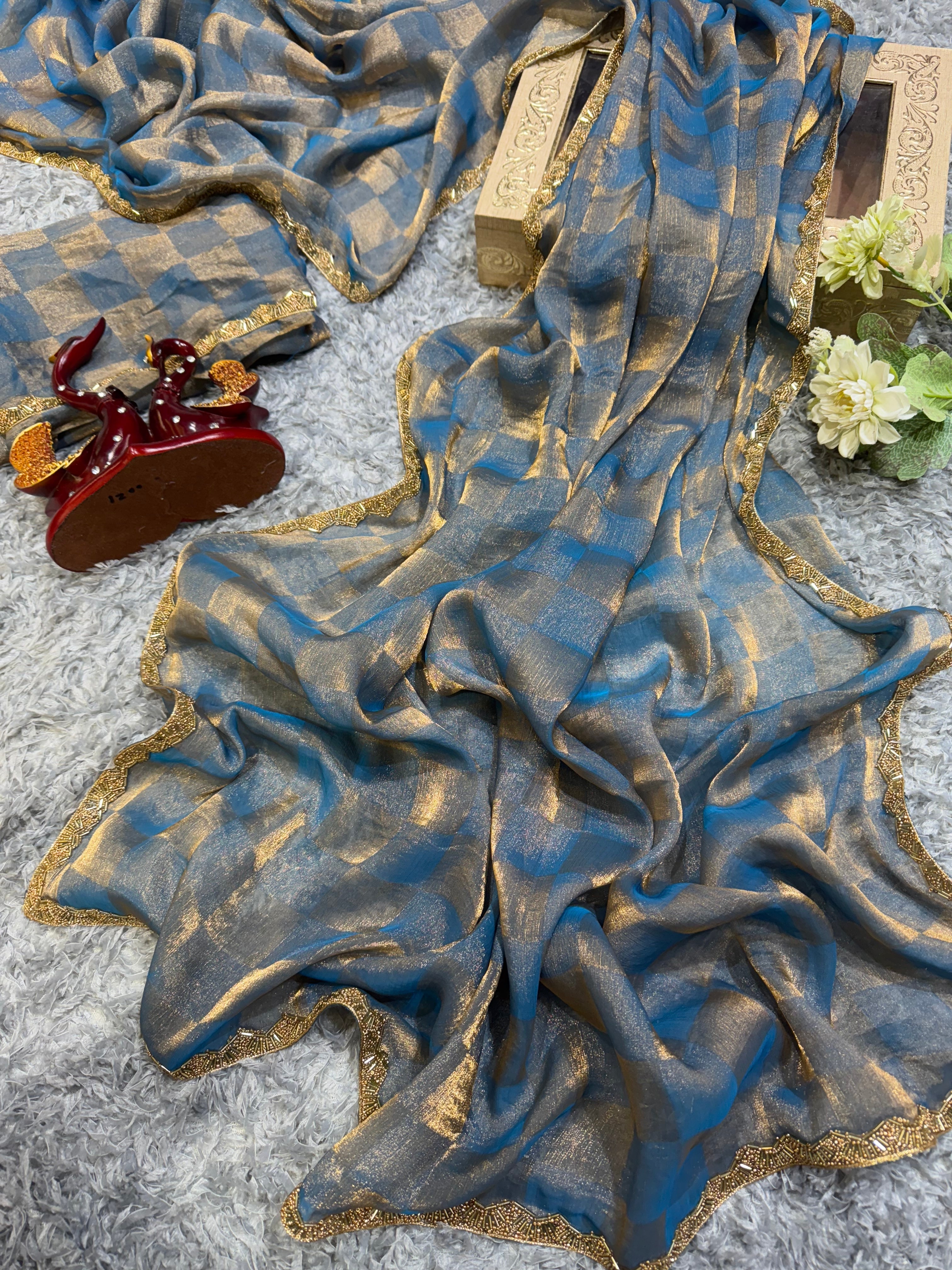 Designer Party Wear Saree With Moti Lace Border