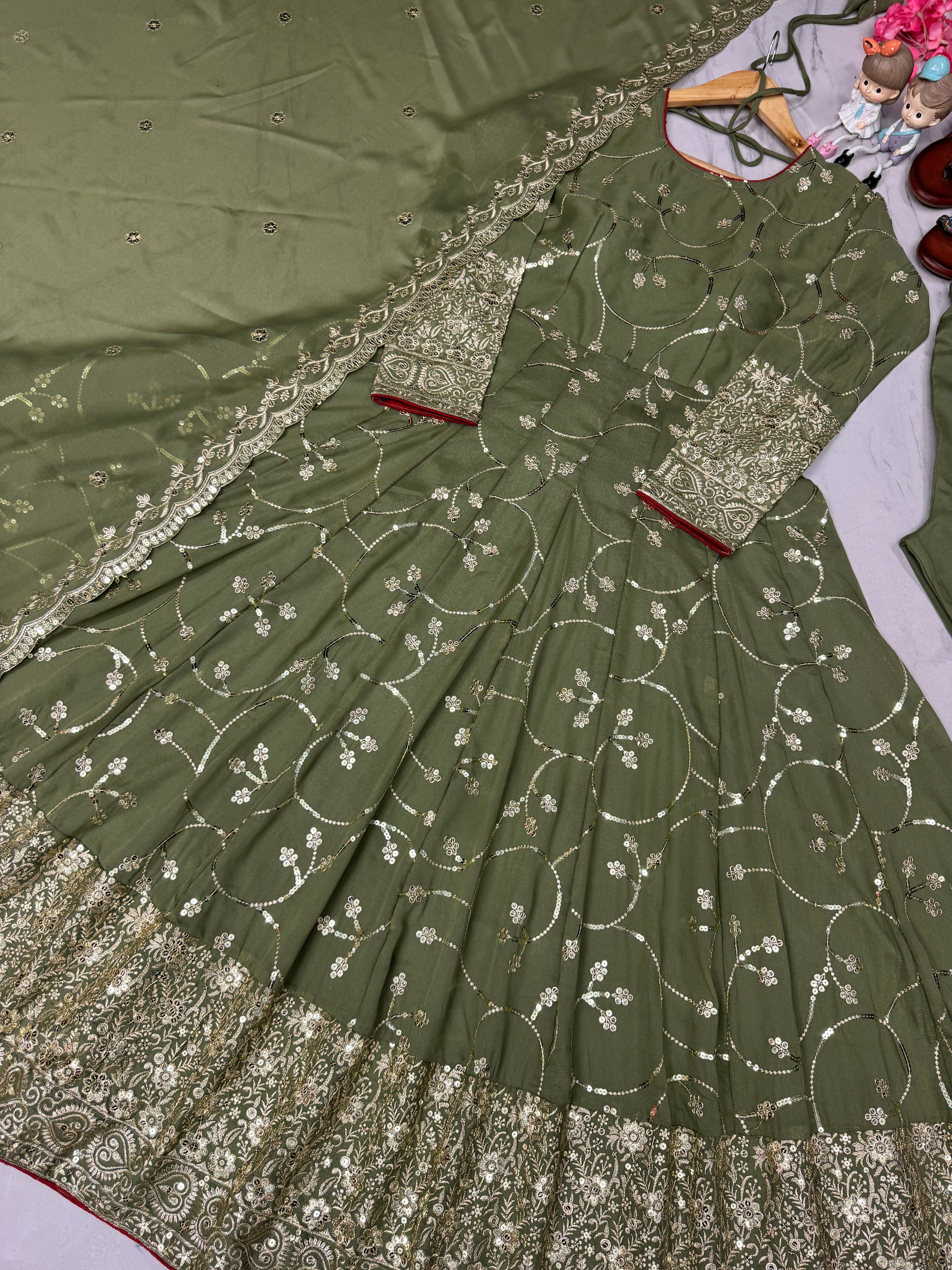 Designer Party Wear Look Fancy Anarkali Gown, Dupatta & Bottom Set