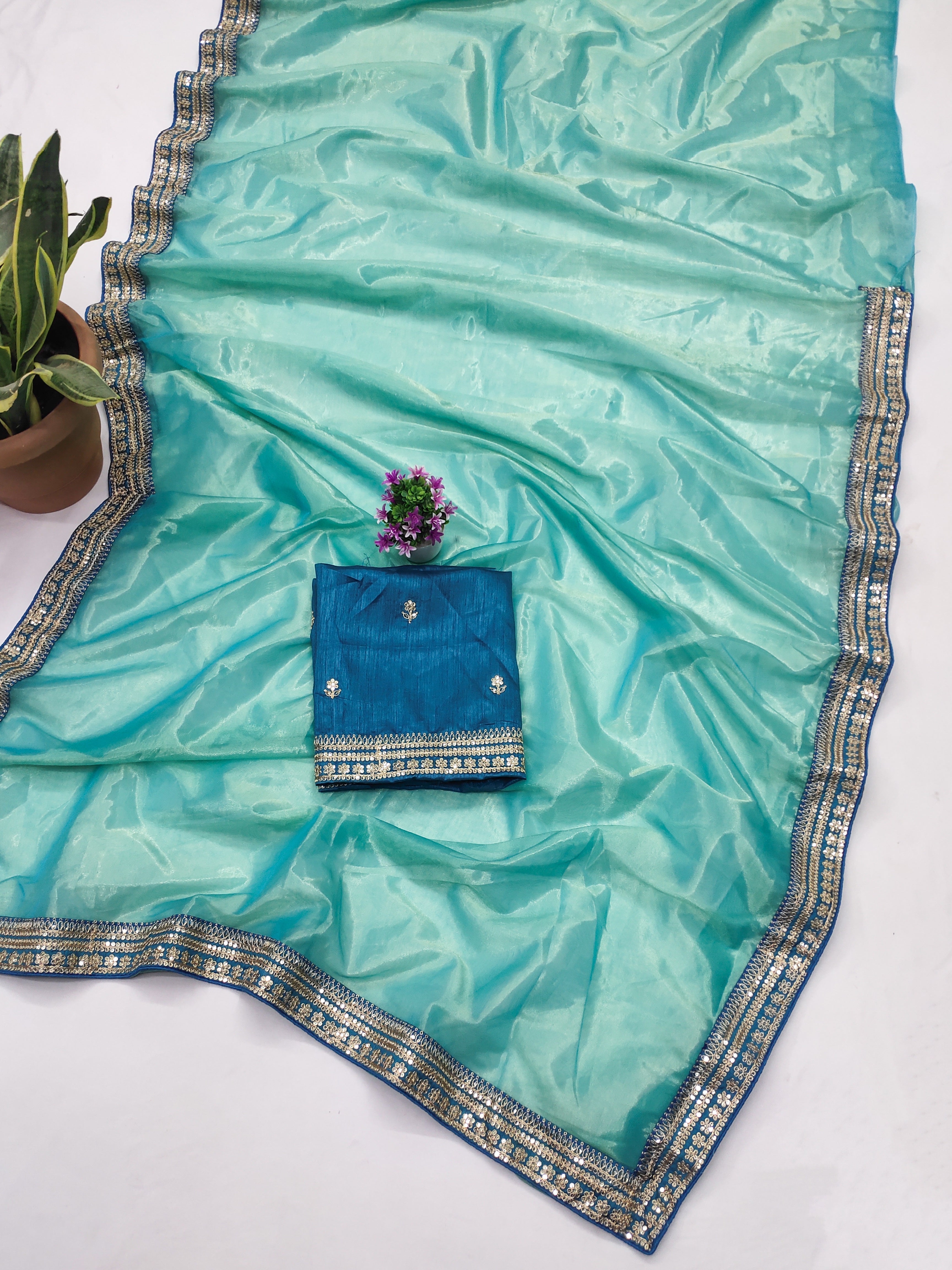 Party Wear Saree With Embroidery Codding & Sequins Work Border