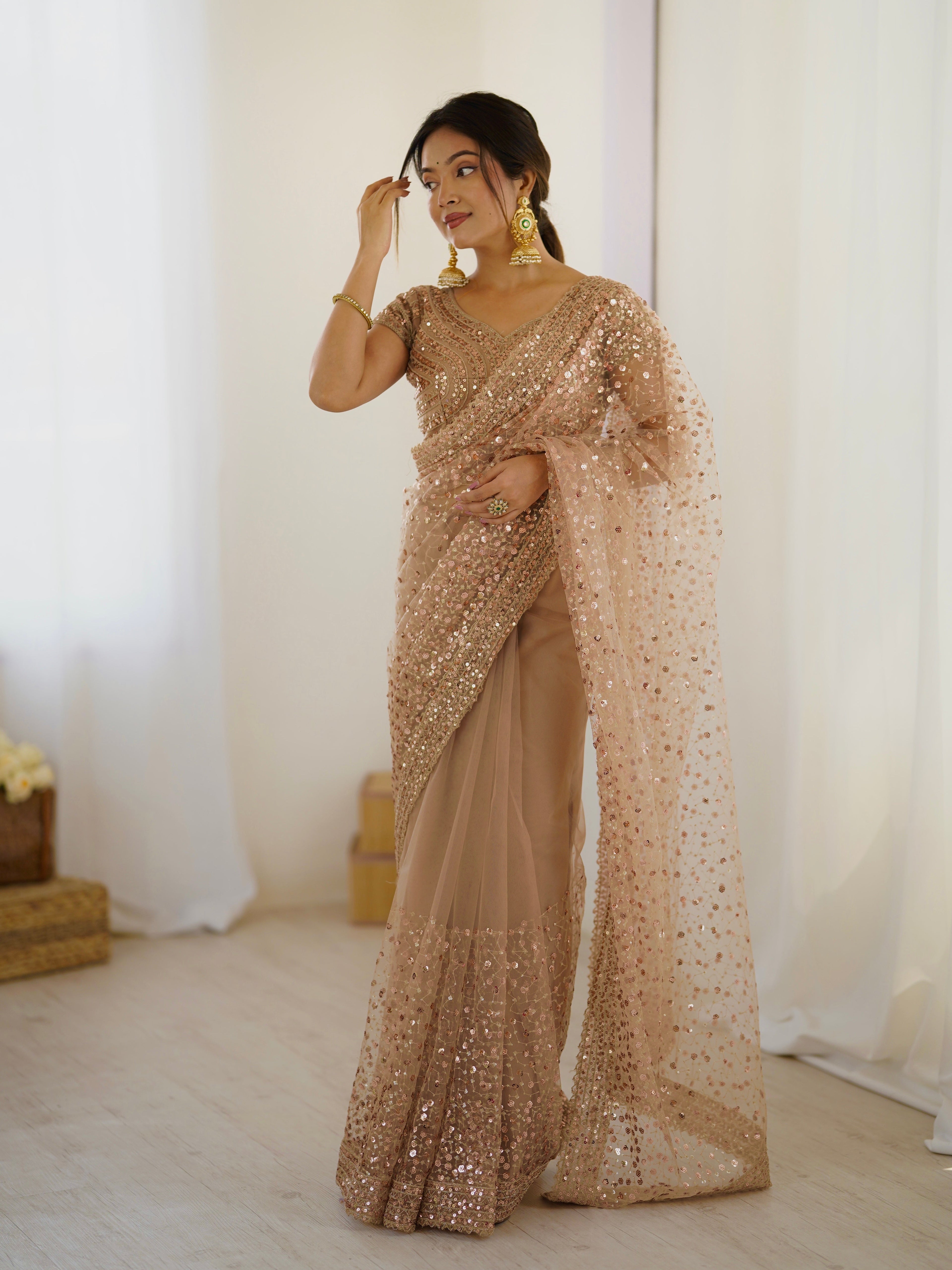 Party Wear Beautiful Saree With Sequins & Dori Work