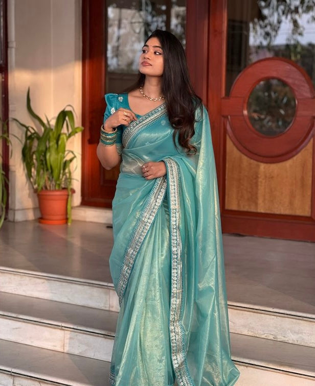 Party Wear Saree With Embroidery Codding & Sequins Work Border