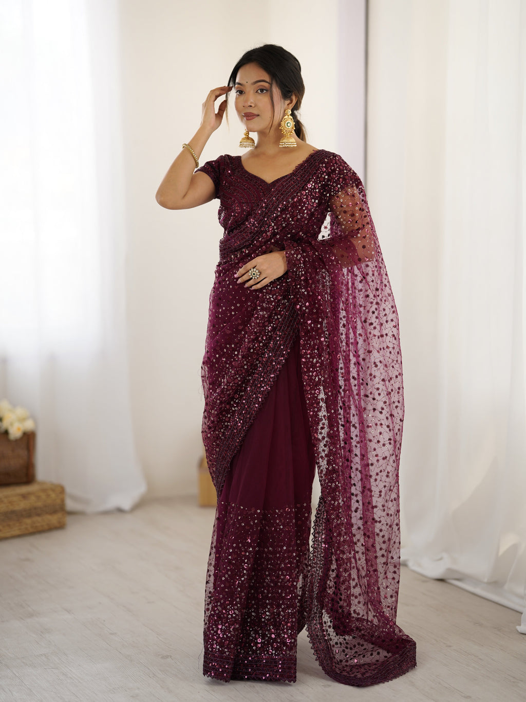 Party Wear Beautiful Saree With Sequins & Dori Work