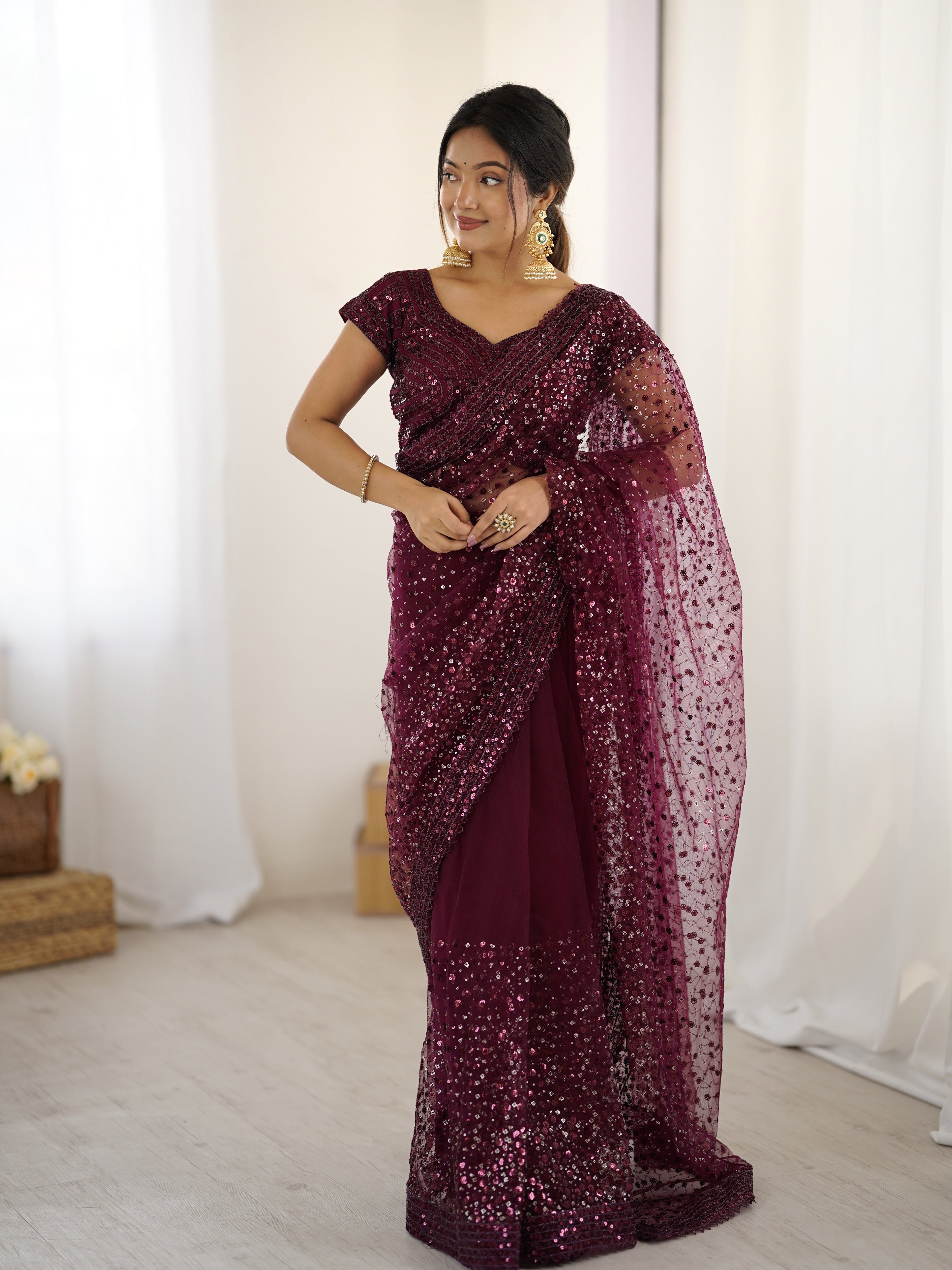 Party Wear Beautiful Saree With Sequins & Dori Work