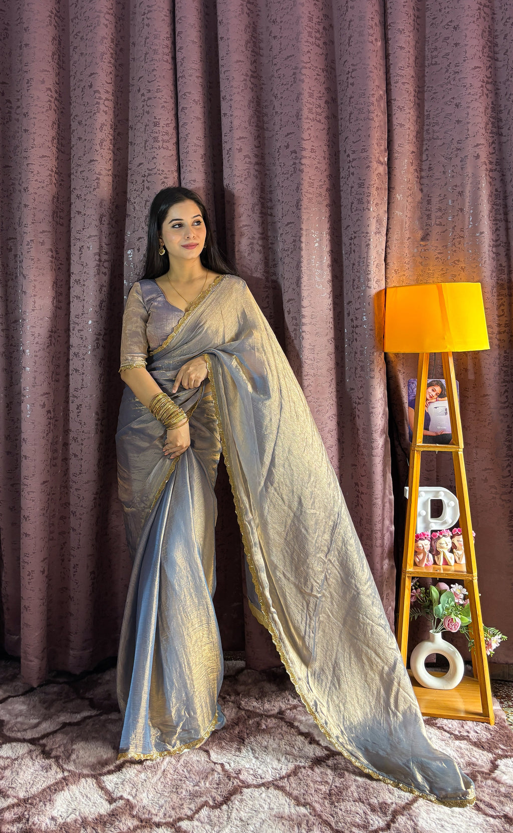 Party Wear Designer Saree With Beads Hand Pipe Work