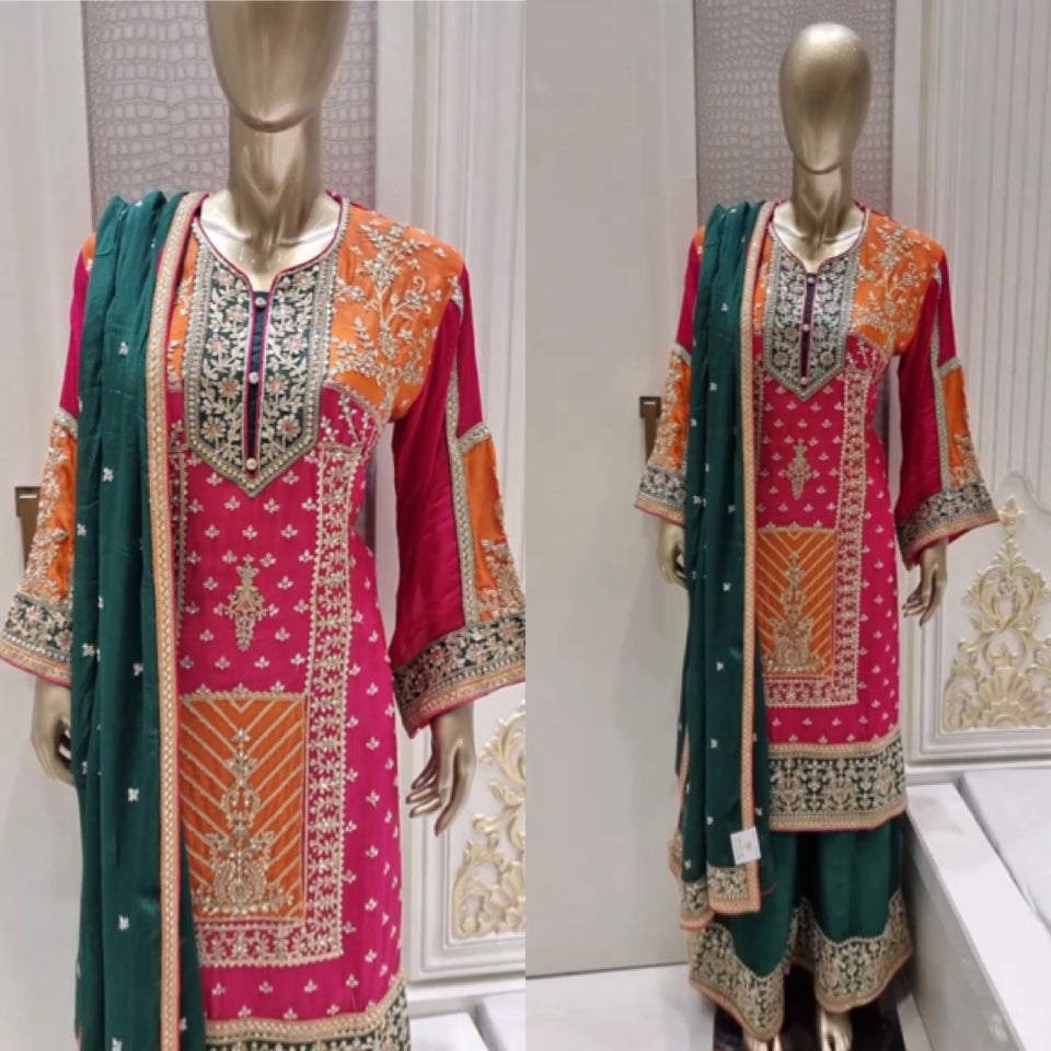 Designer Party Wear Look Top Plazzo & Dupatta Set