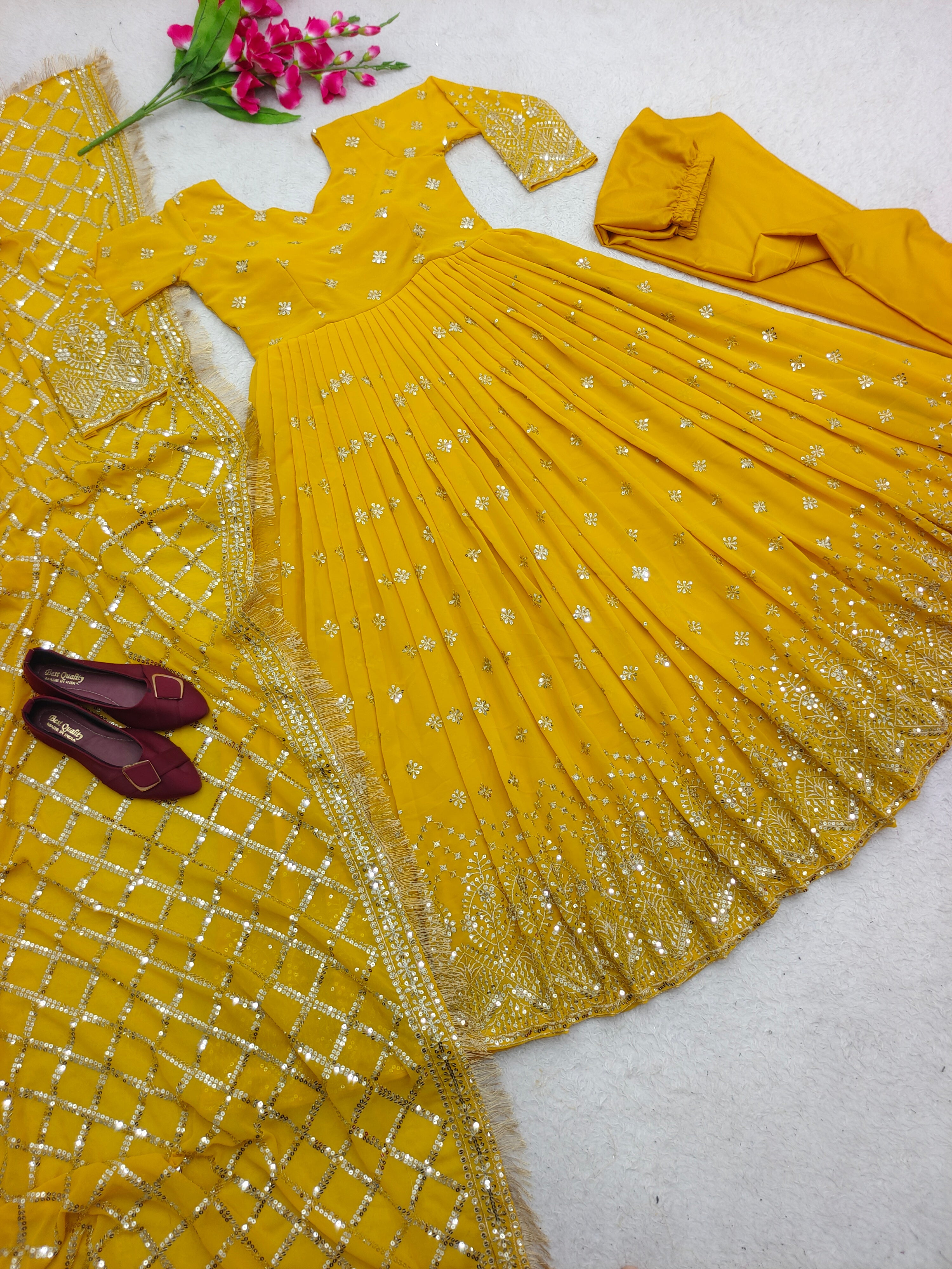 Designer Party Wear Gown With Pent And Dupatta Set