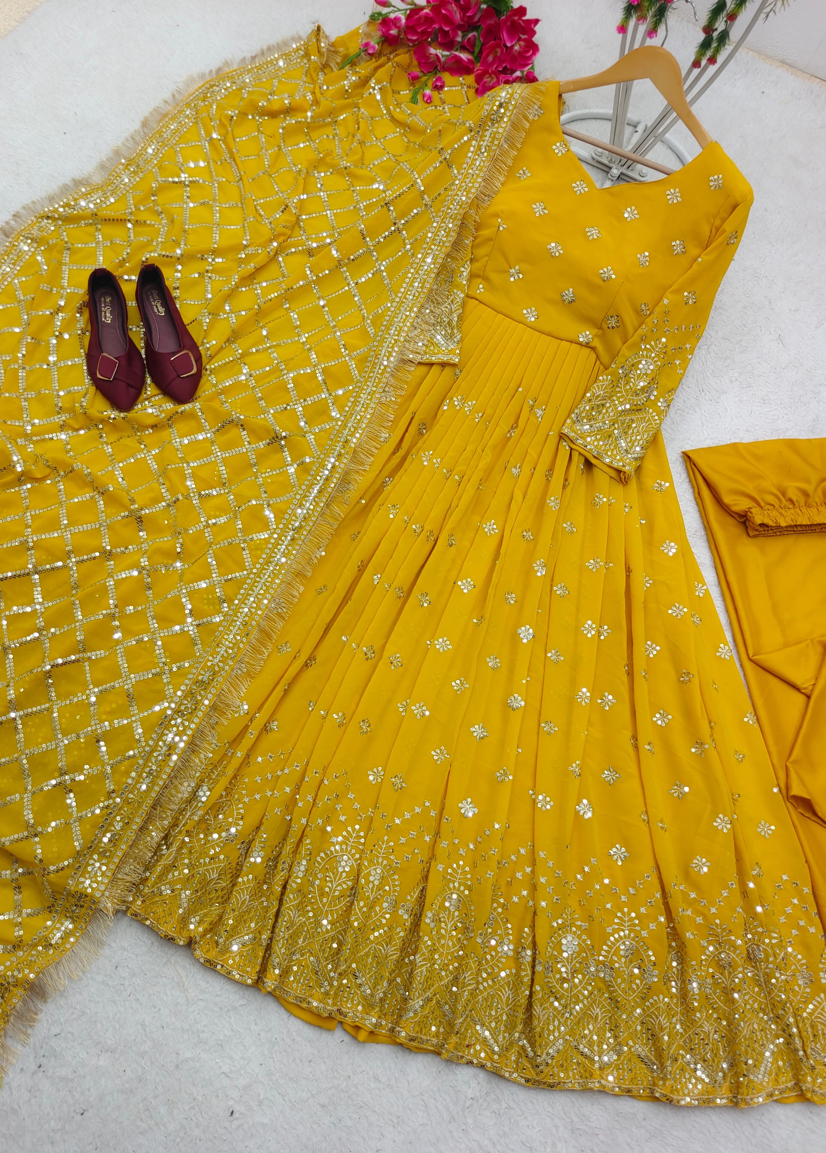 Designer Party Wear Gown With Pent And Dupatta Set