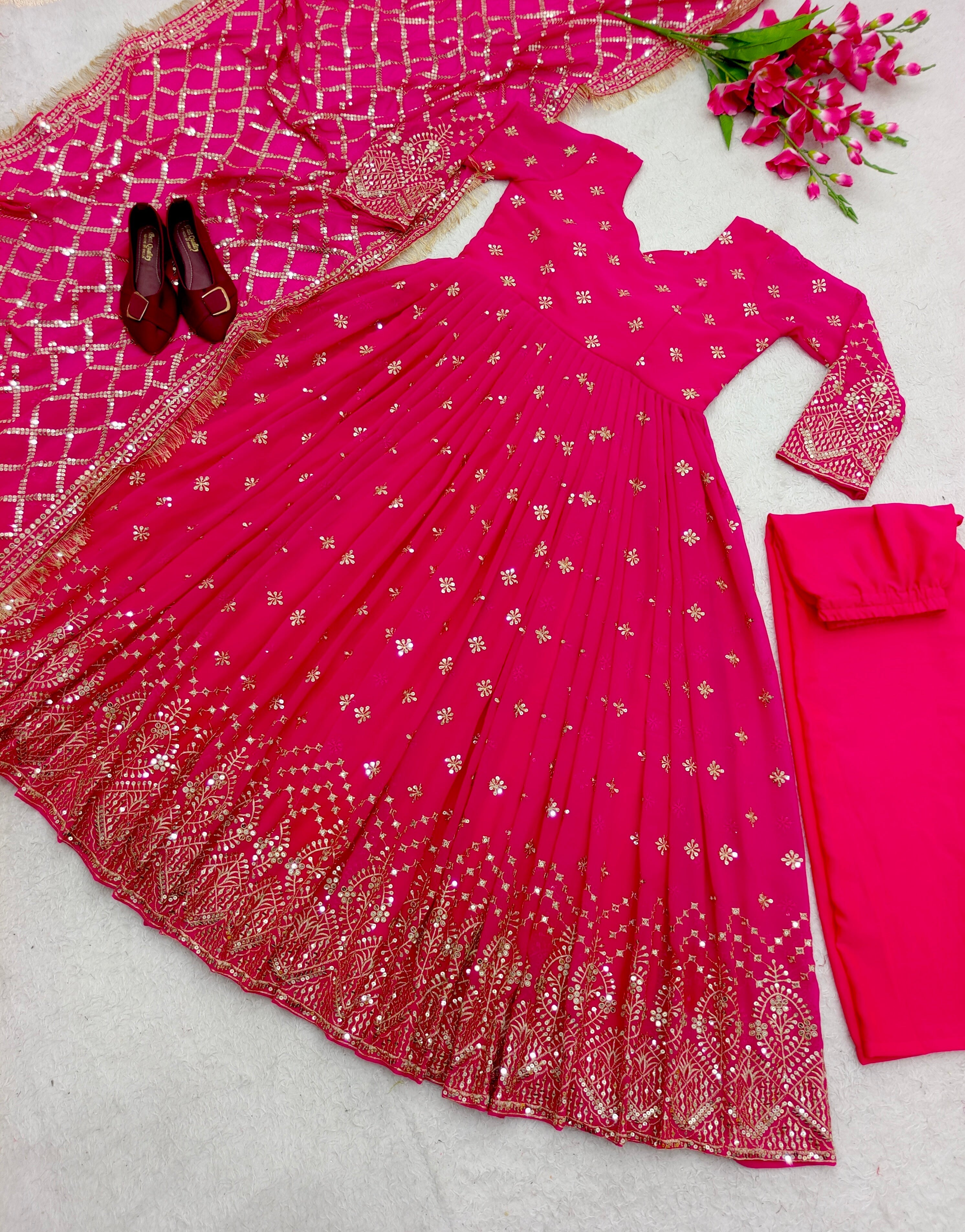 Designer Party Wear Gown With Pent And Dupatta Set