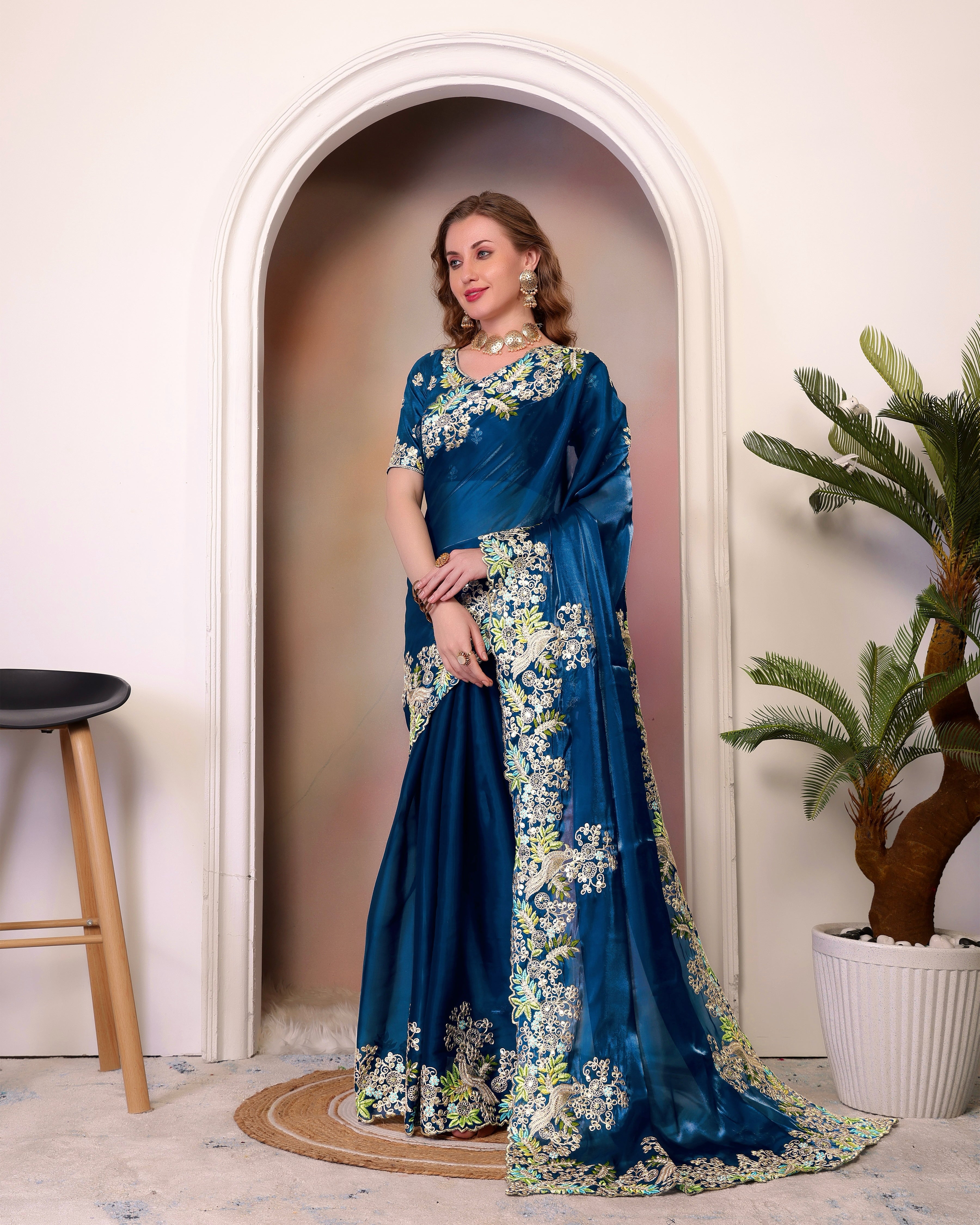 Party Wear Designer Saree With Embroidery Work
