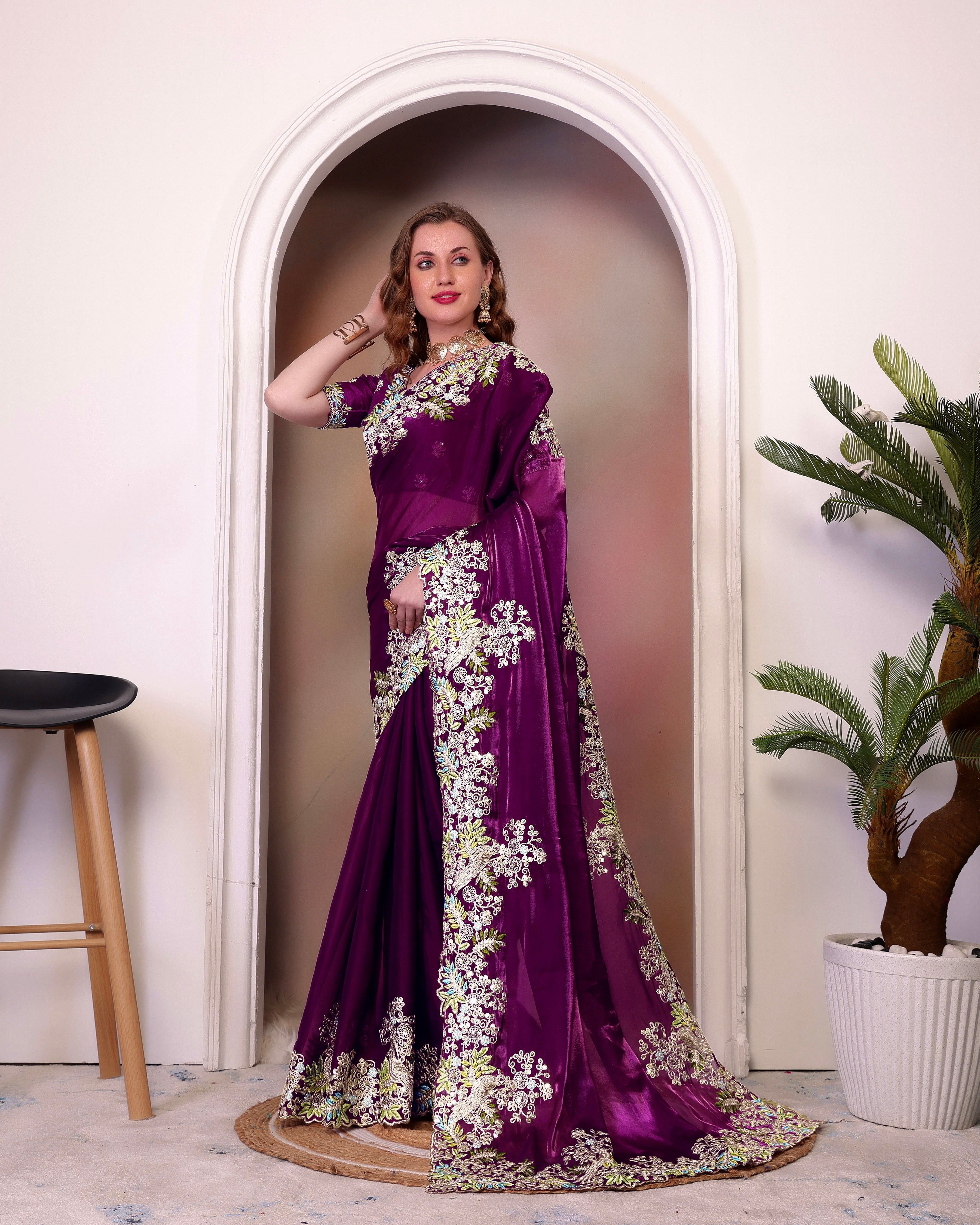 Party Wear Designer Saree With Embroidery Work