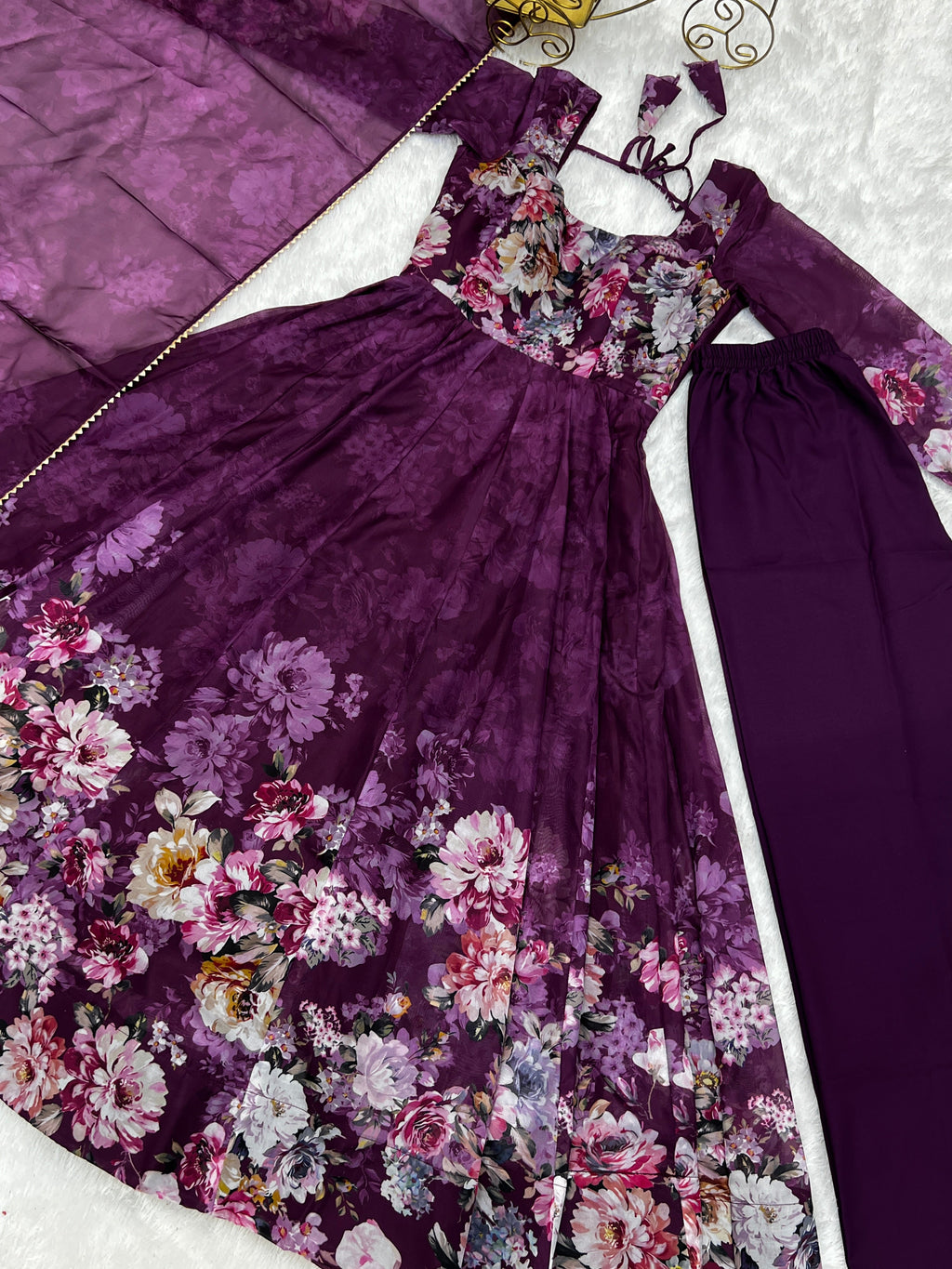 Party Wear Anarkali Gown And Pent With Dupatta With Floral Print