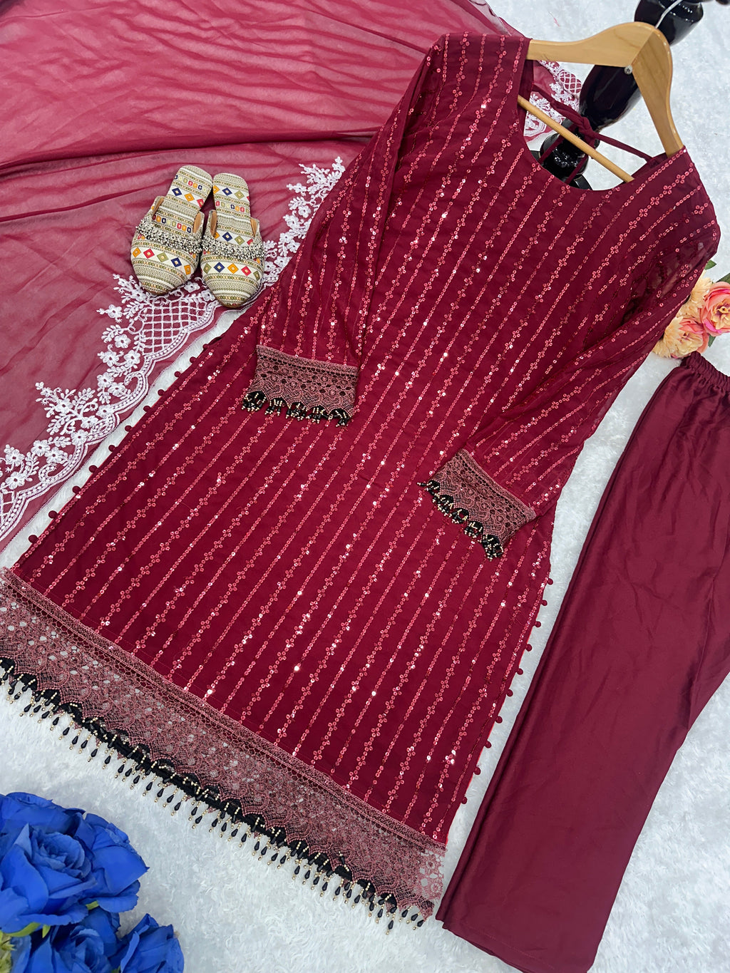 Beautiful Party Wear Top Bottom And Fancy Dupatta