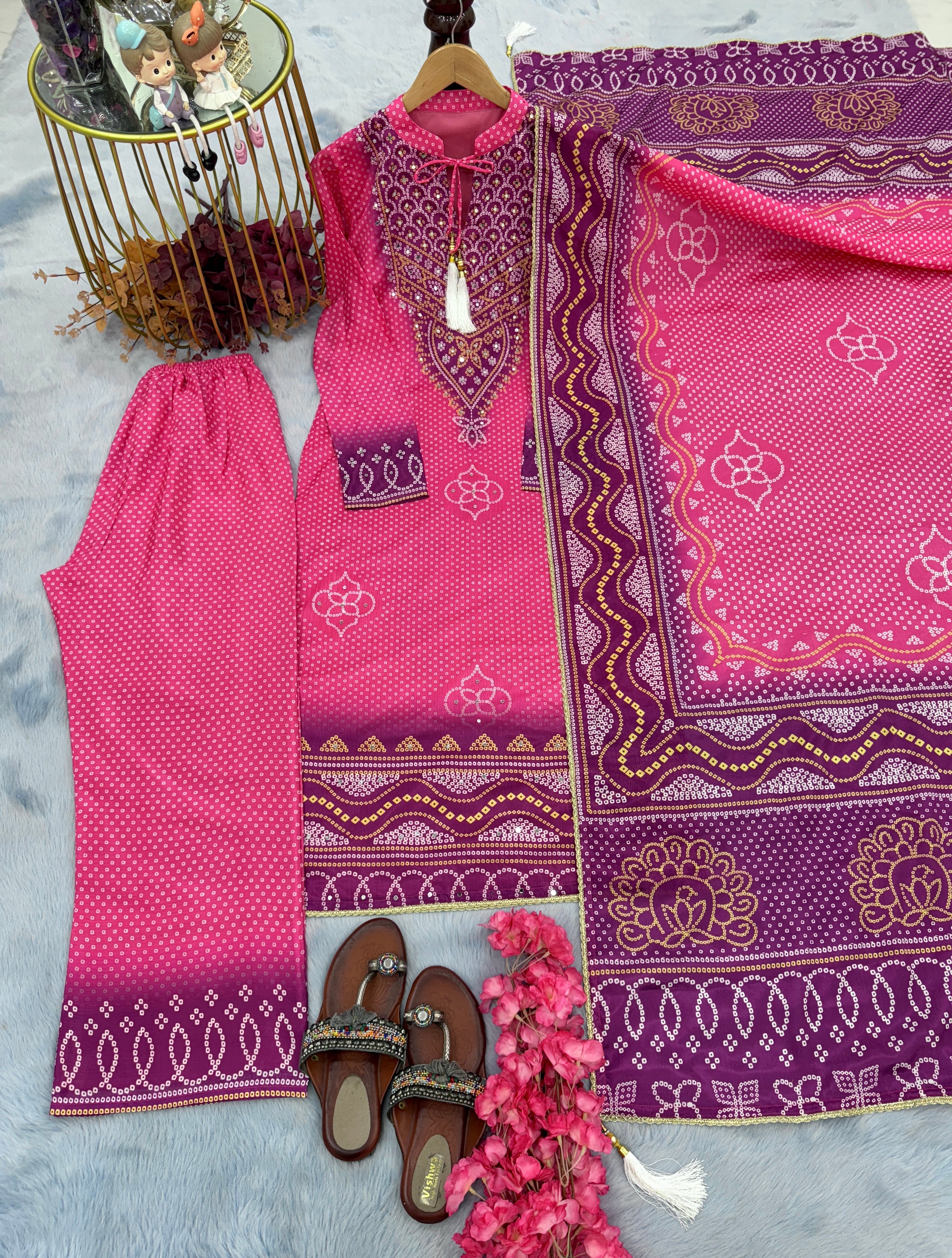 Designer Party Wear Look Pure Chinon Silk Top Plazzo & Dupatta Set