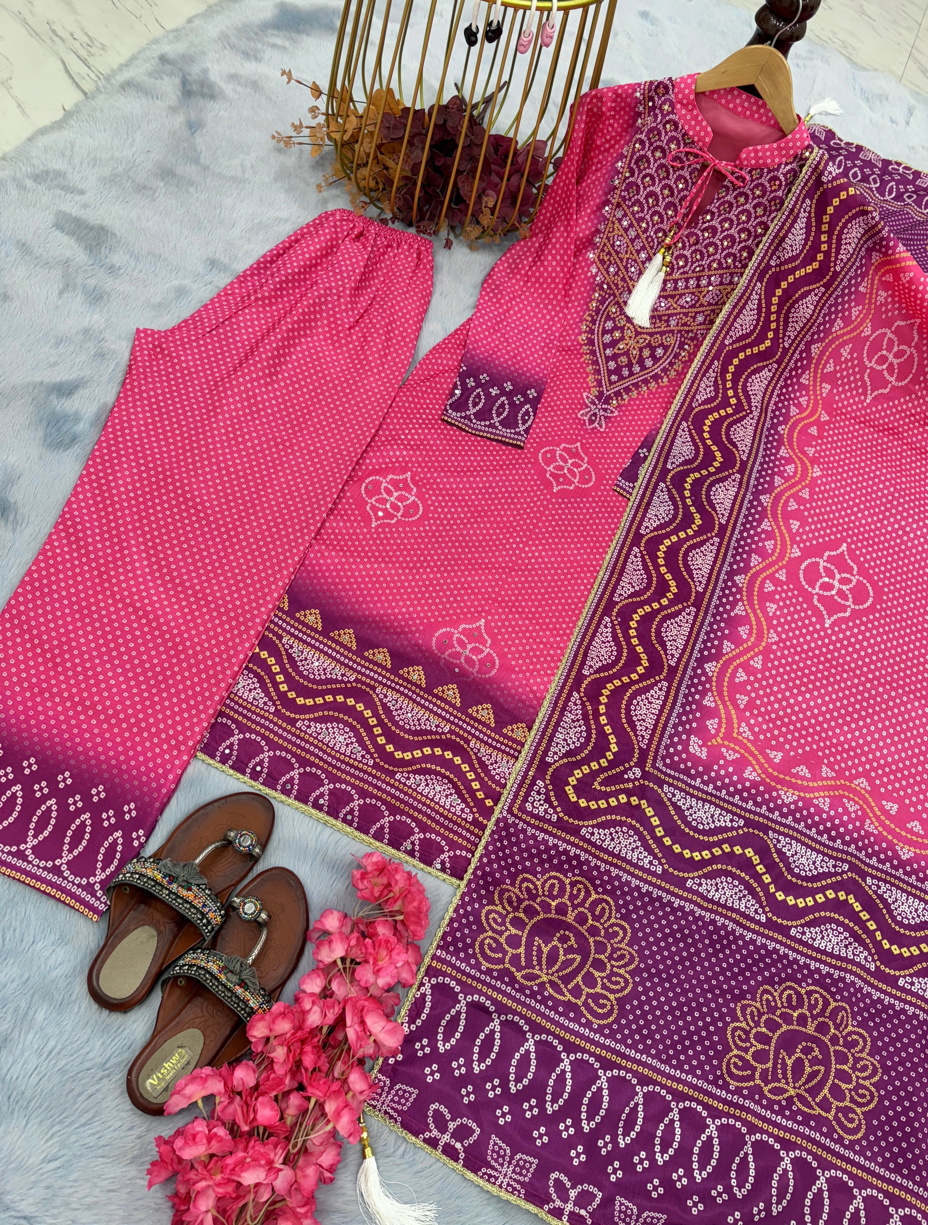 Designer Party Wear Look Pure Chinon Silk Top Plazzo & Dupatta Set