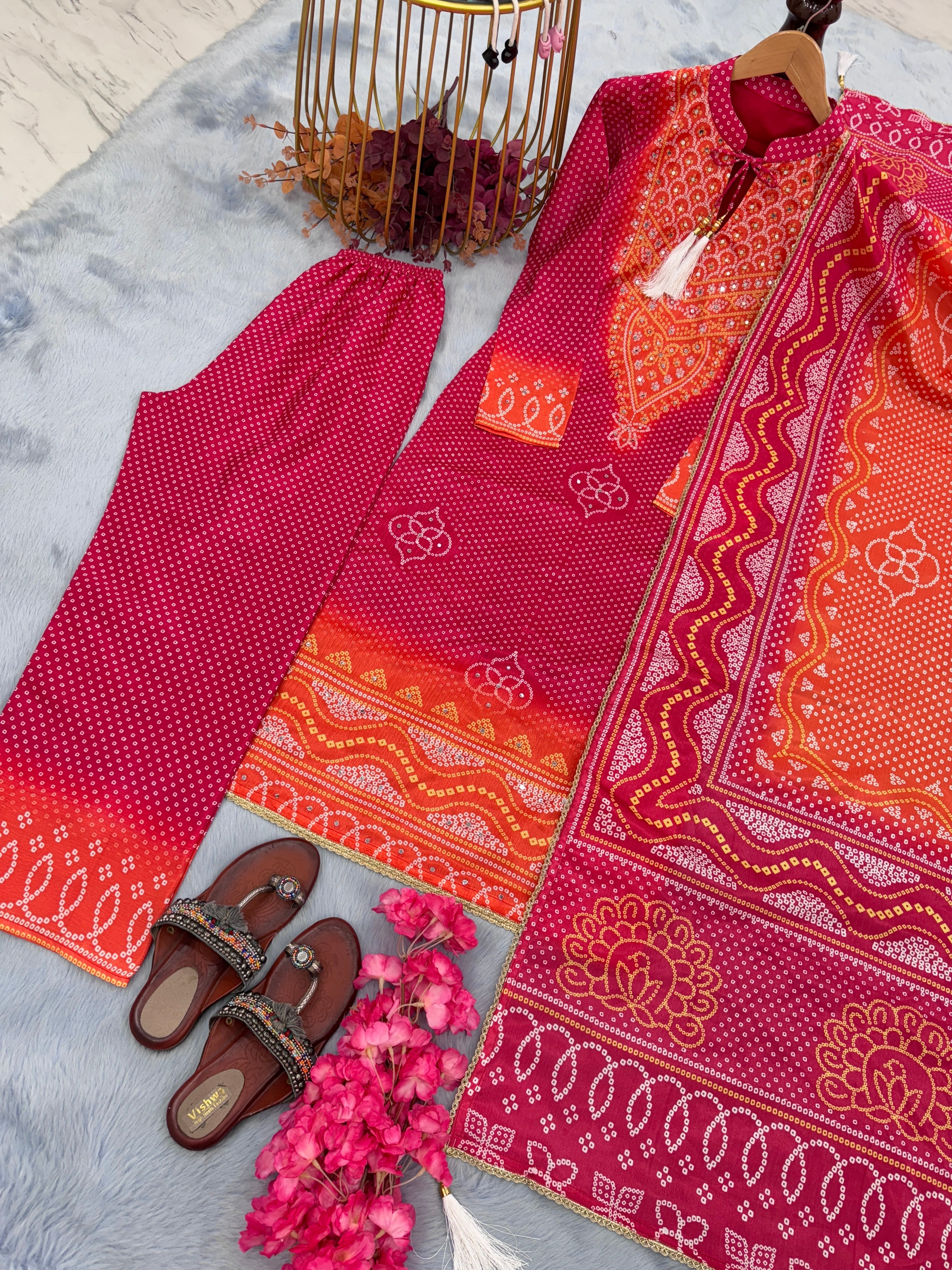 Designer Party Wear Look Pure Chinon Silk Top Plazzo & Dupatta Set