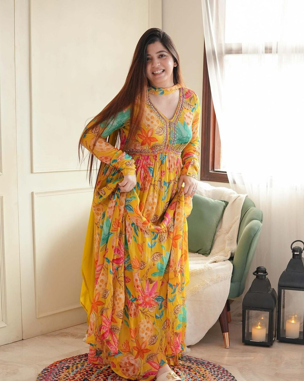 Designer Party Wear Gown And Dupatta With Digital Print