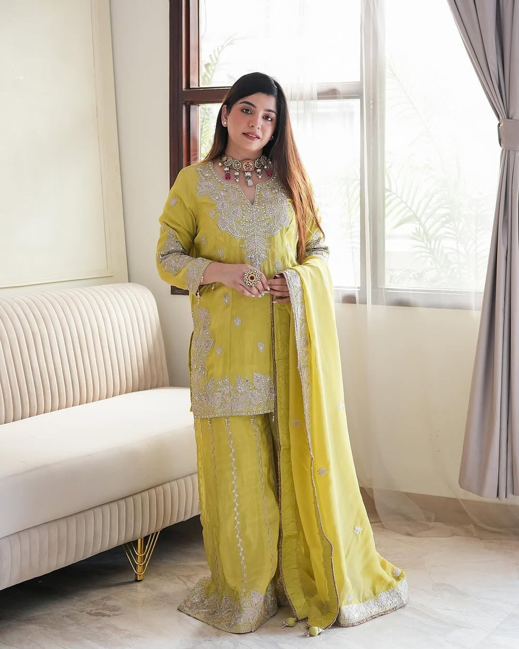 Beautiful Top-Gharara And Dupatta With Heavy Embroidery Sequence Work