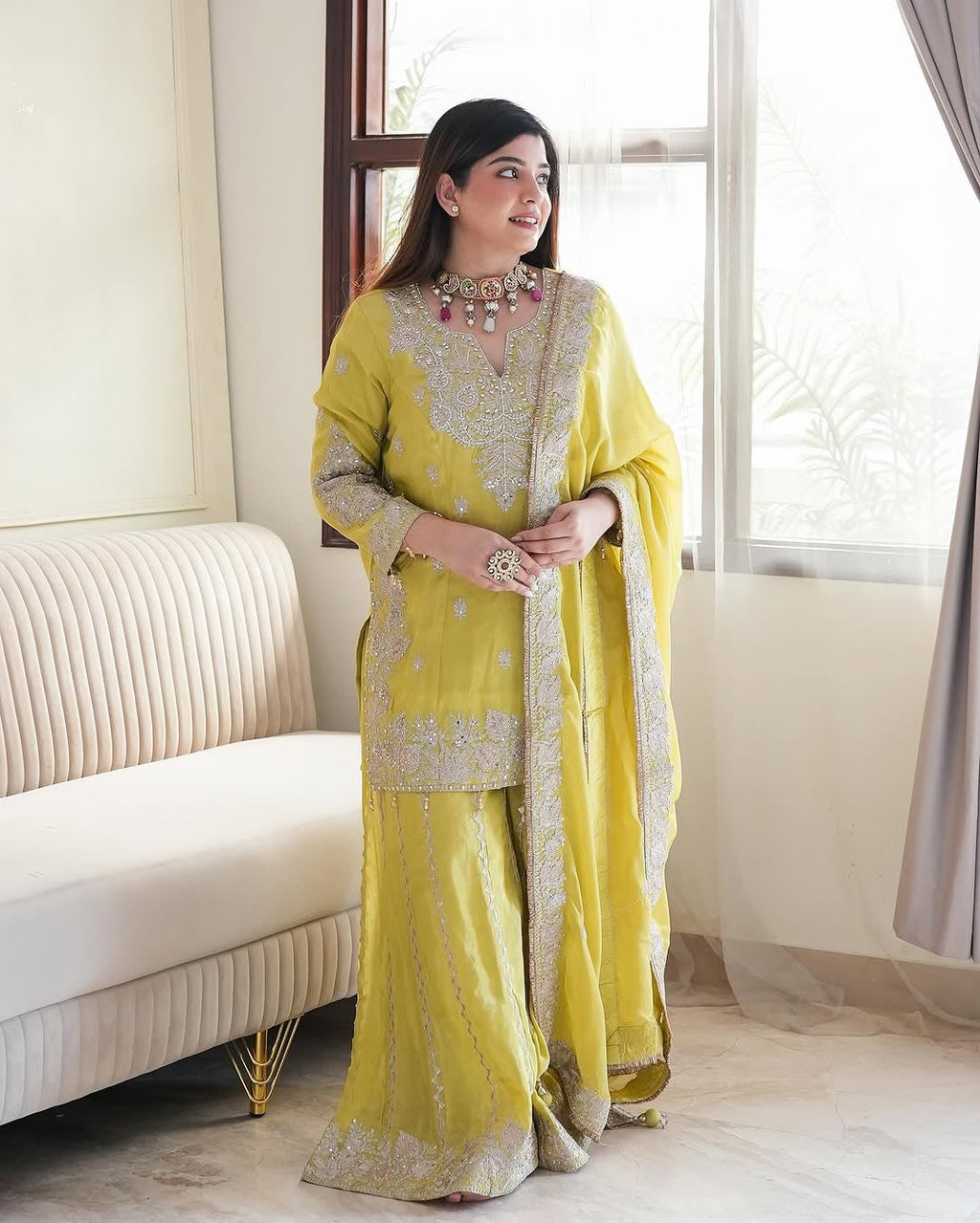 Beautiful Top-Gharara And Dupatta With Heavy Embroidery Sequence Work