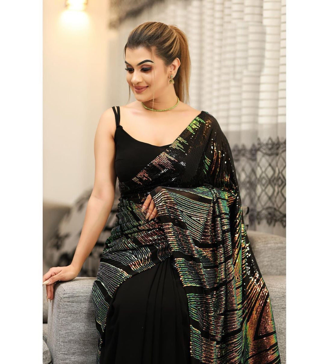 Designer Sequins Saree Rainbow Sequins Embroidery Work