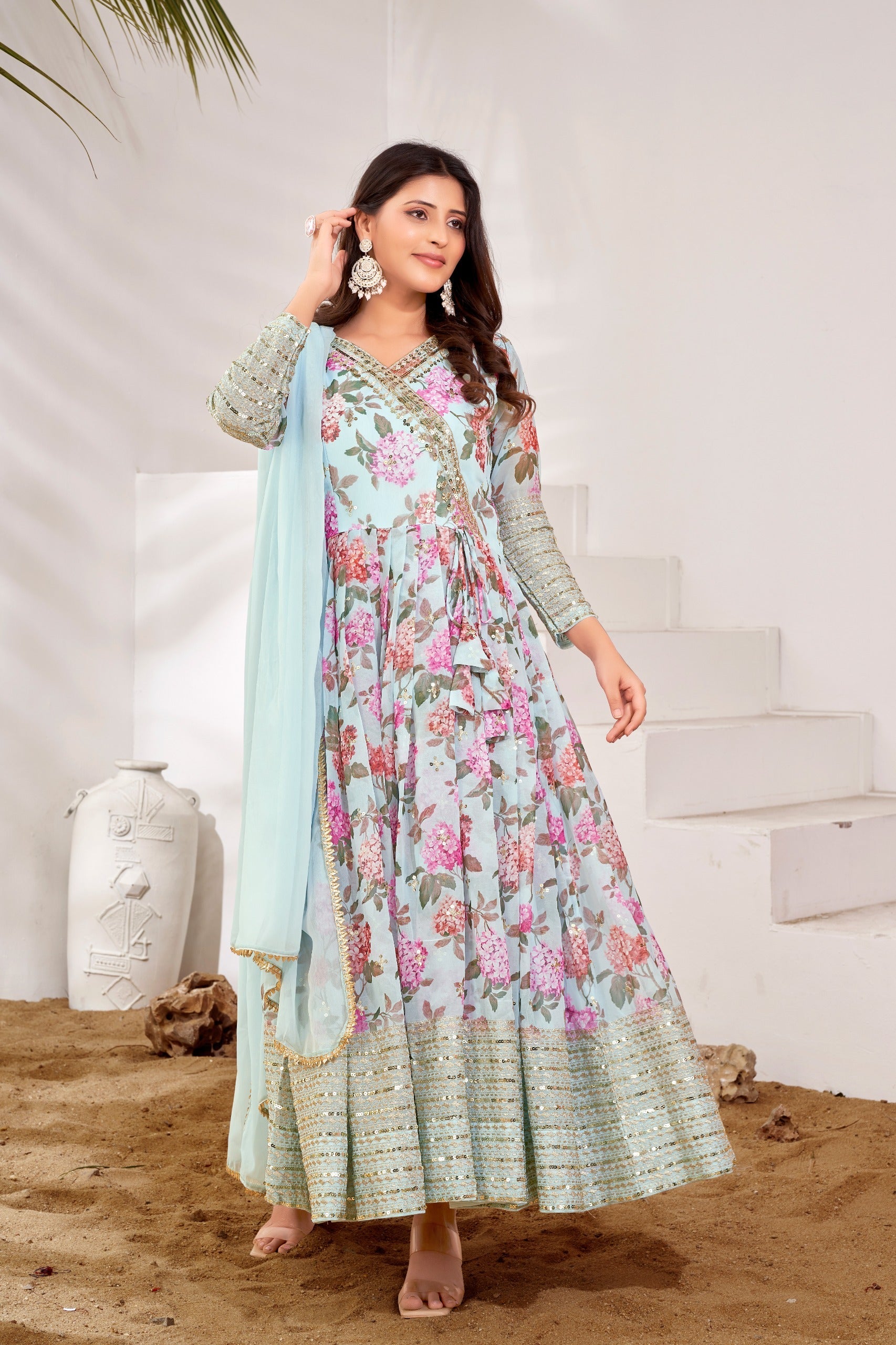 Designer Party Wear Look Gown, Bottom And Dupatta