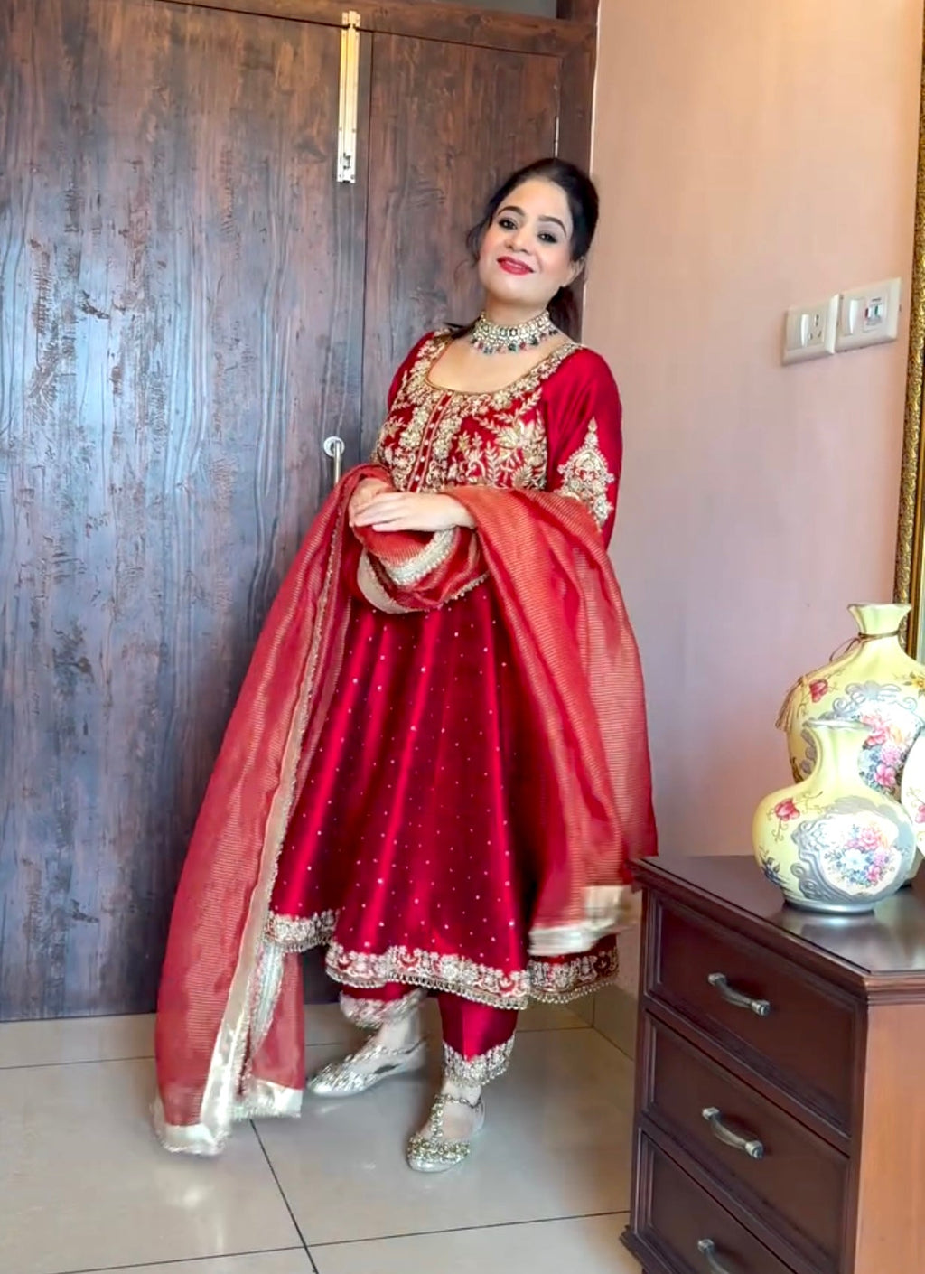 Beautiful Party Wear Look Pure Chinon Silk Anarkali Gown ,Dupatta & Pent Plazzo Set
