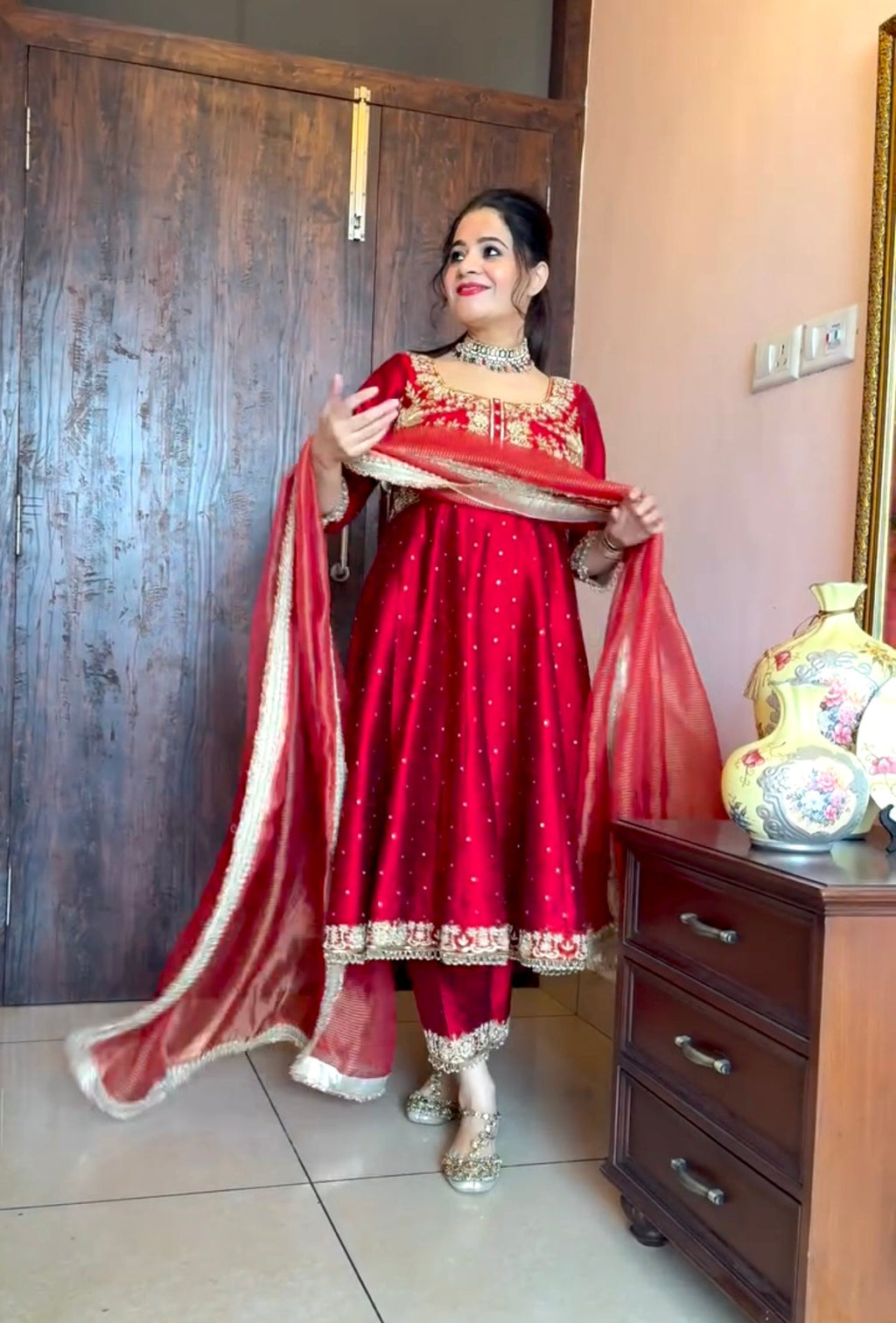 Beautiful Party Wear Look Pure Chinon Silk Anarkali Gown ,Dupatta & Pent Plazzo Set