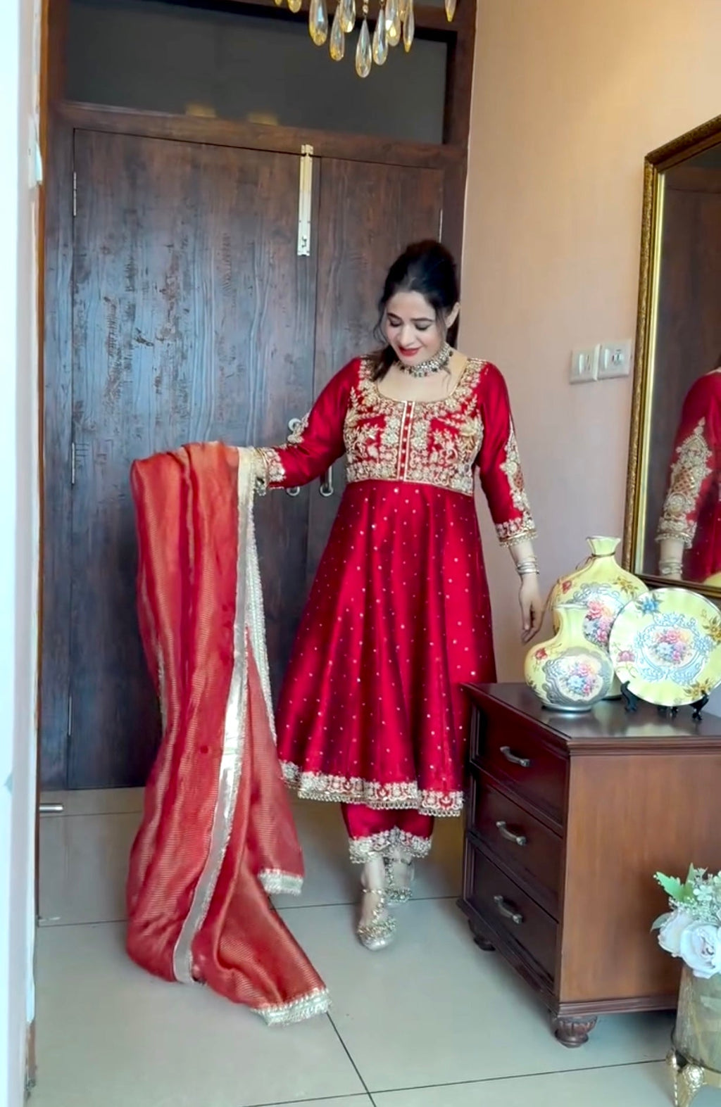 Beautiful Party Wear Look Pure Chinon Silk Anarkali Gown ,Dupatta & Pent Plazzo Set