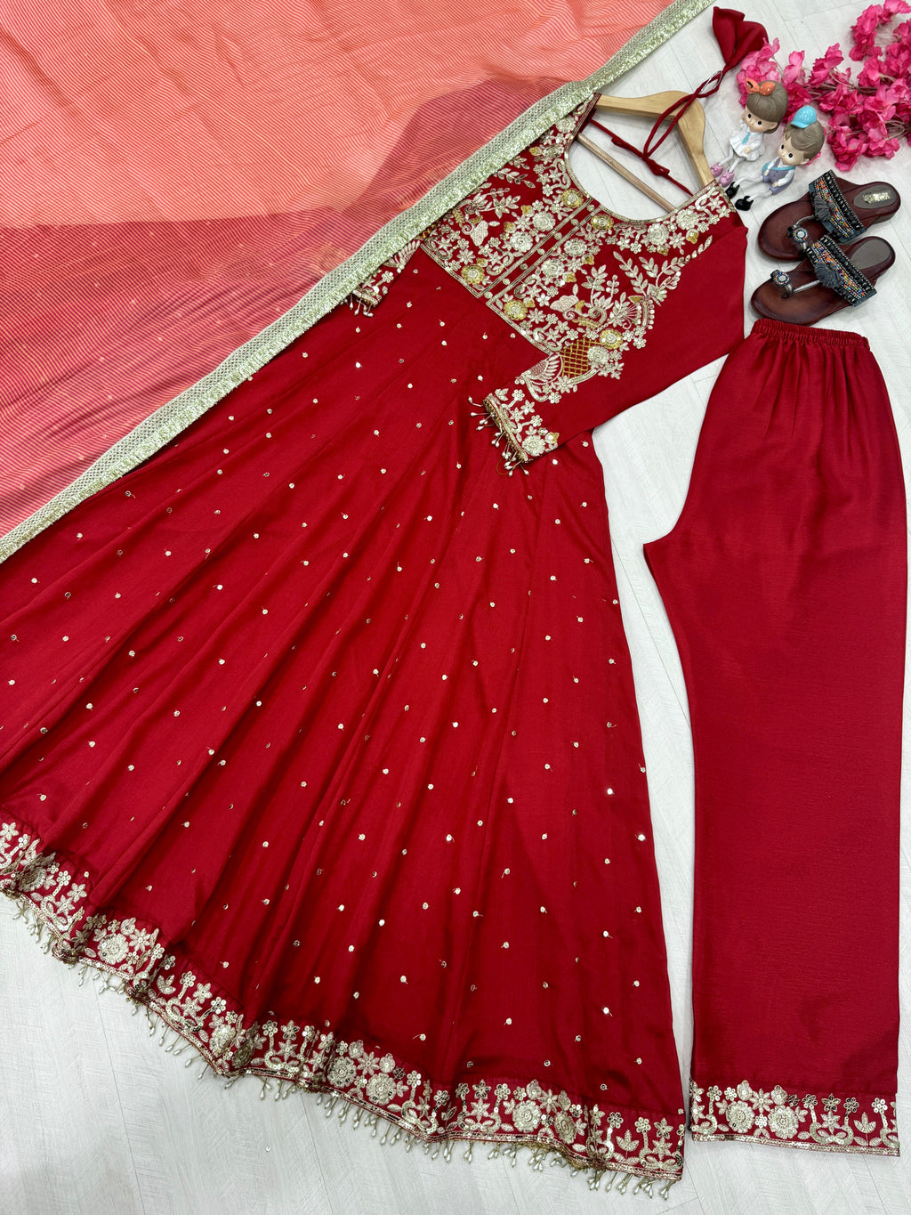 Beautiful Party Wear Look Pure Chinon Silk Anarkali Gown ,Dupatta & Pent Plazzo Set