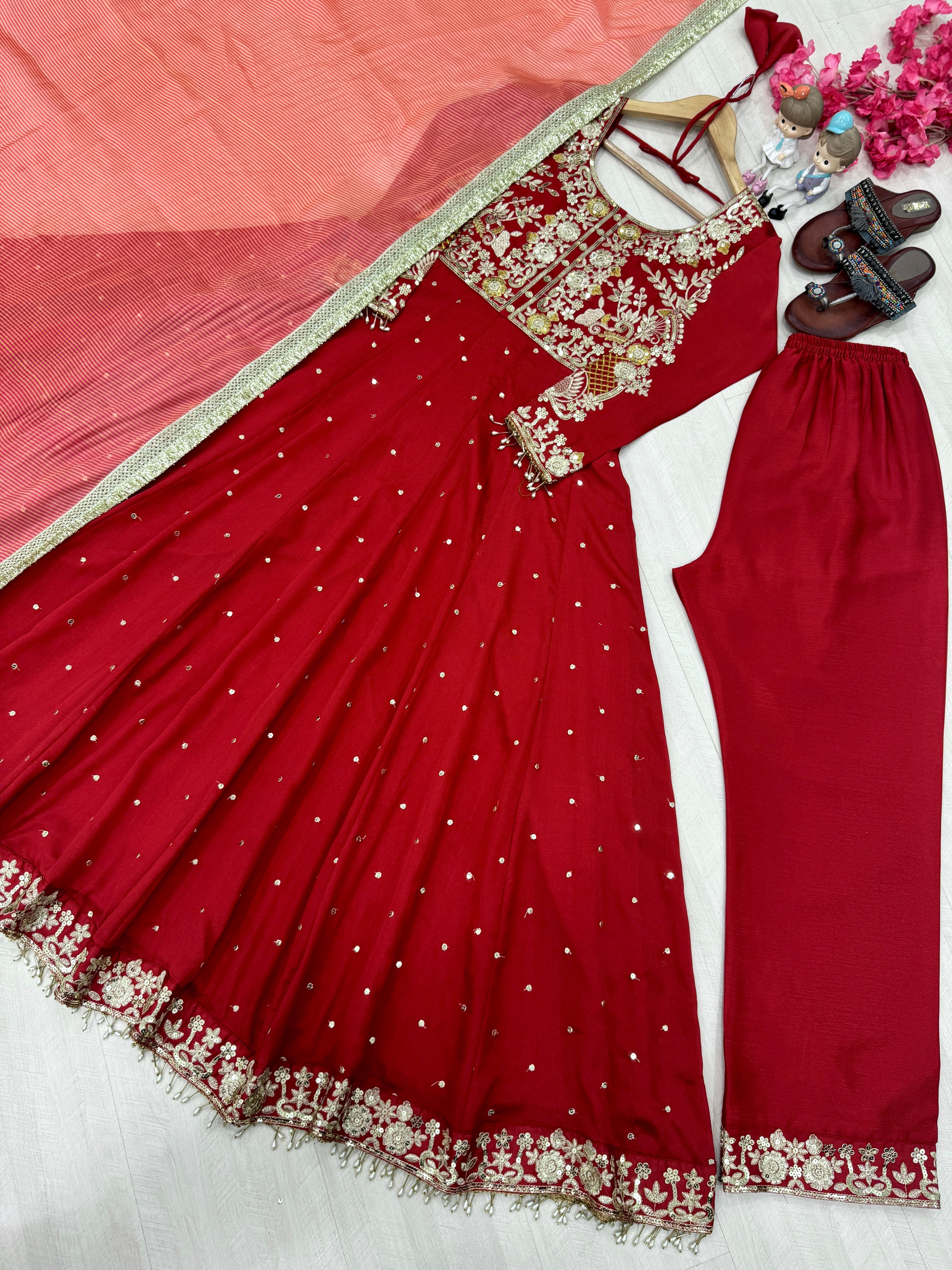 Beautiful Party Wear Look Pure Chinon Silk Anarkali Gown ,Dupatta & Pent Plazzo Set