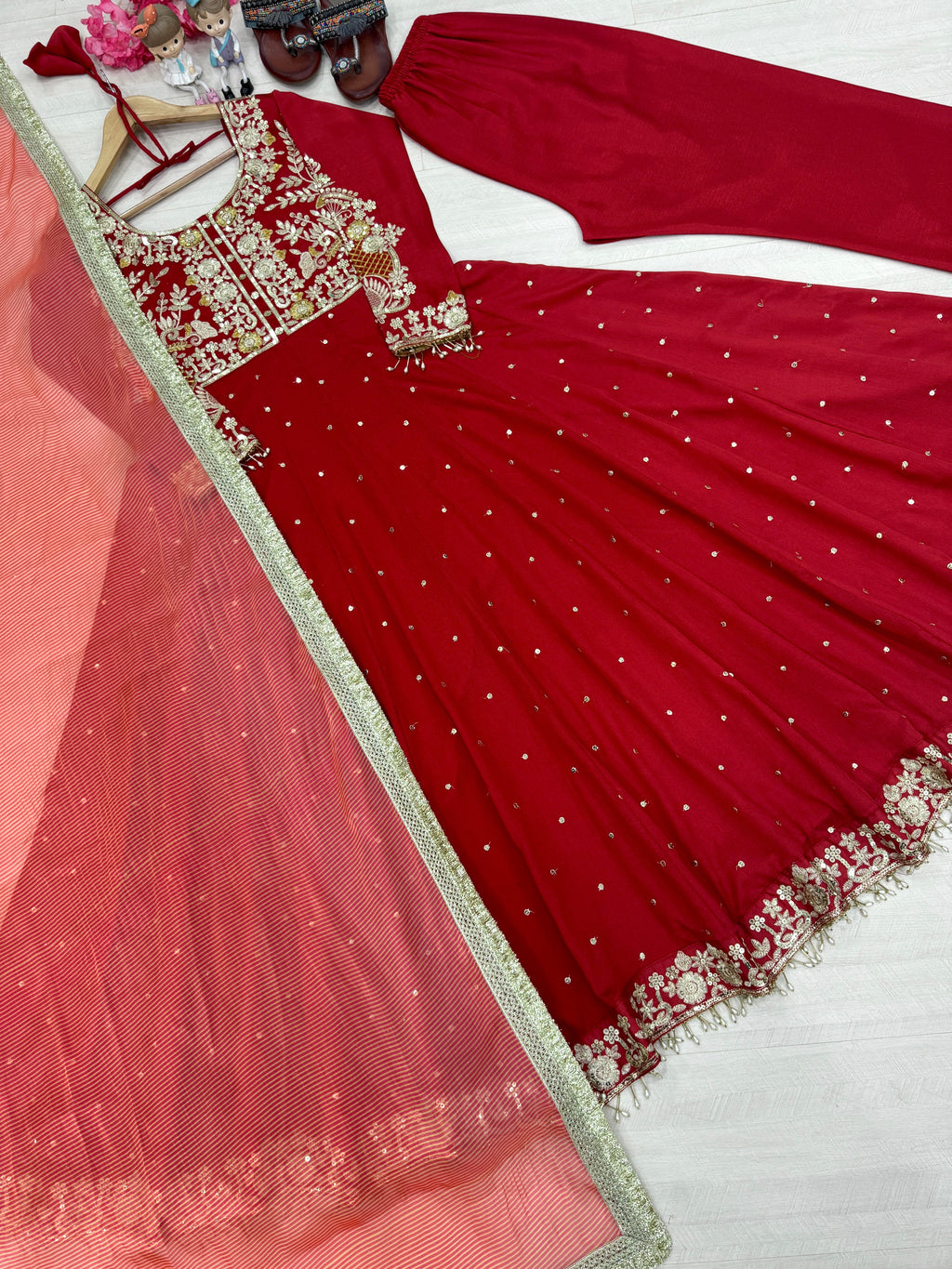 Beautiful Party Wear Look Pure Chinon Silk Anarkali Gown ,Dupatta & Pent Plazzo Set
