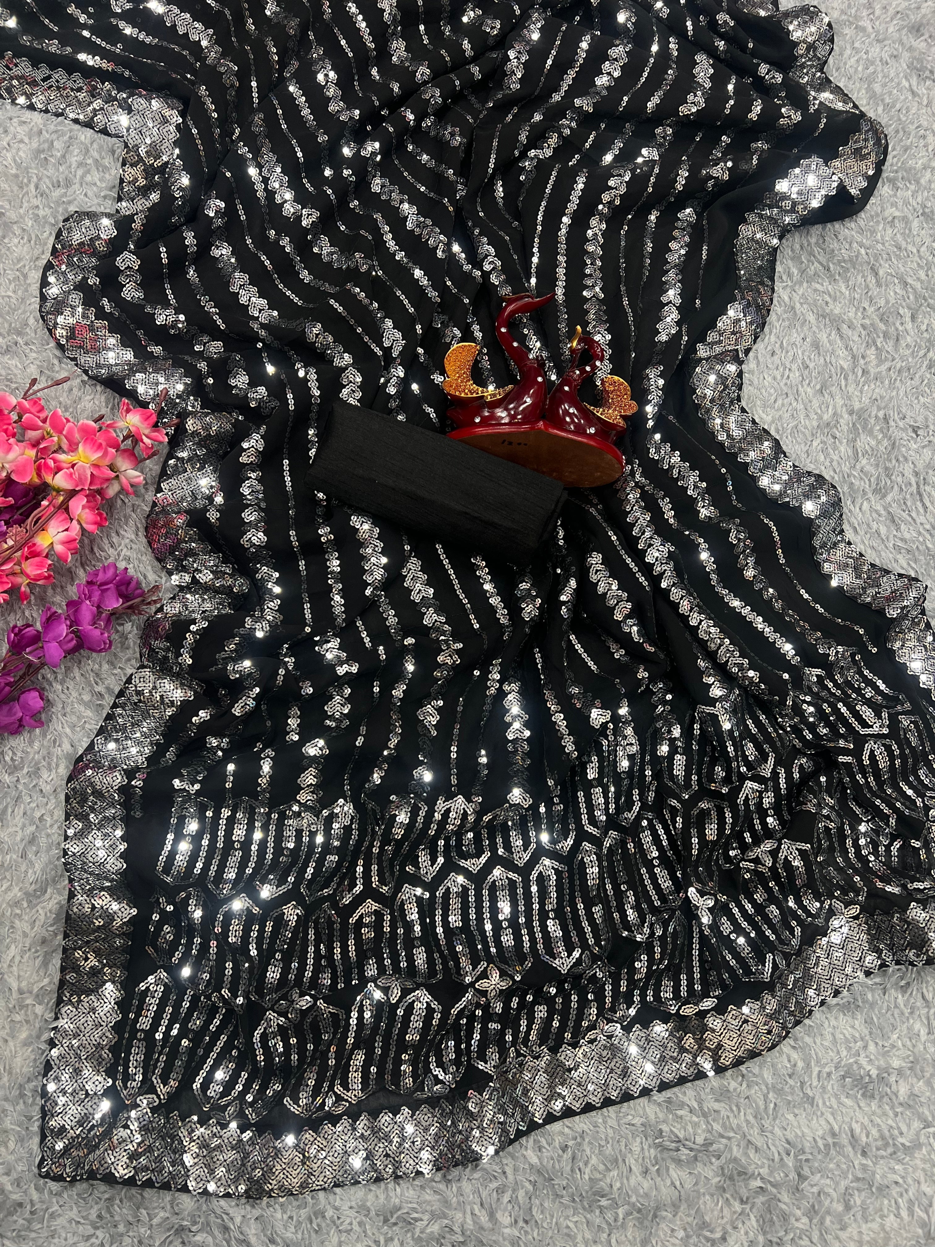 Party Wear Saree With Sequins Embroidery Work With Lace Border