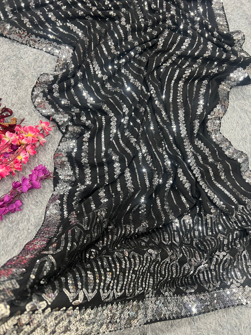 Party Wear Saree With Sequins Embroidery Work With Lace Border