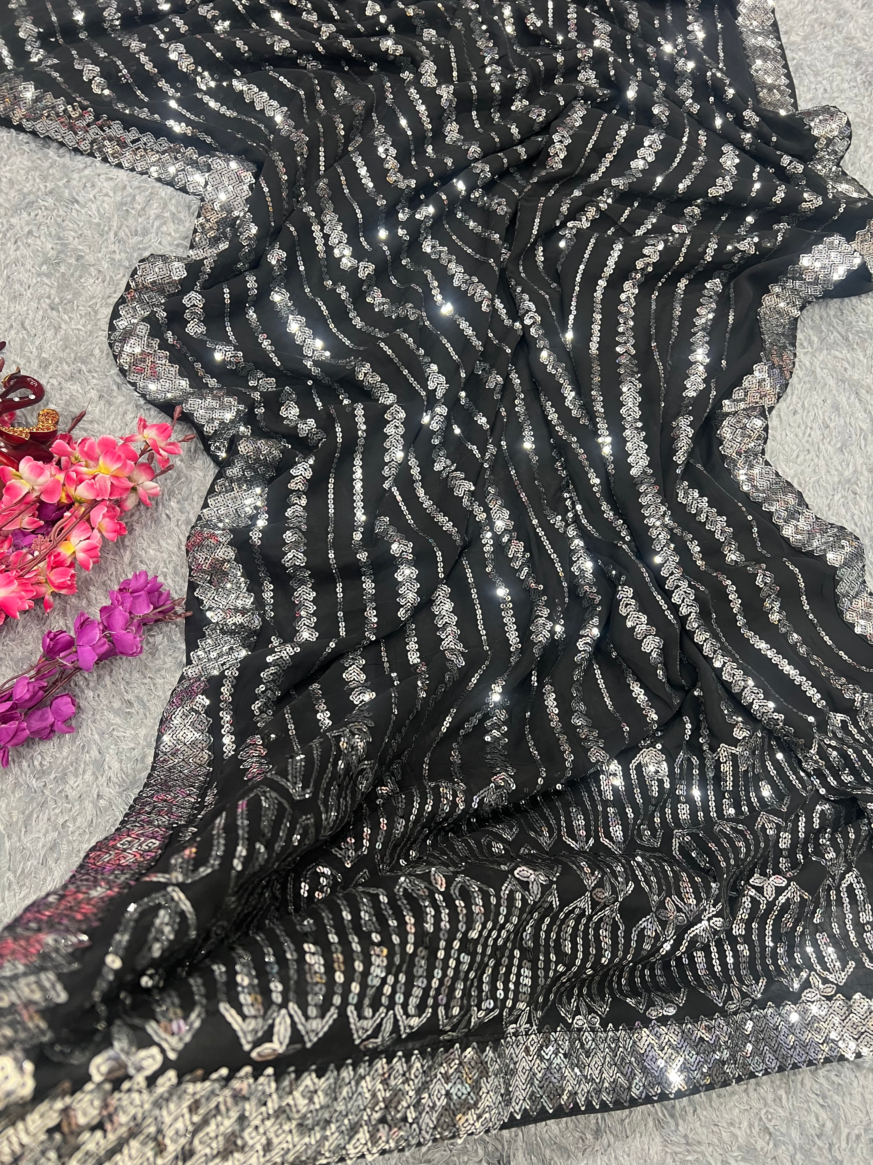 Party Wear Saree With Sequins Embroidery Work With Lace Border