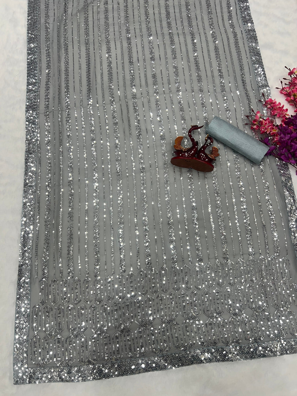 Party Wear Saree With Sequins Embroidery Work With Lace Border