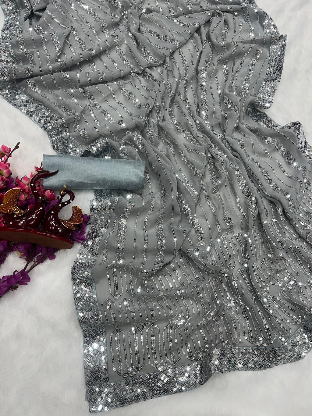 Party Wear Saree With Sequins Embroidery Work With Lace Border