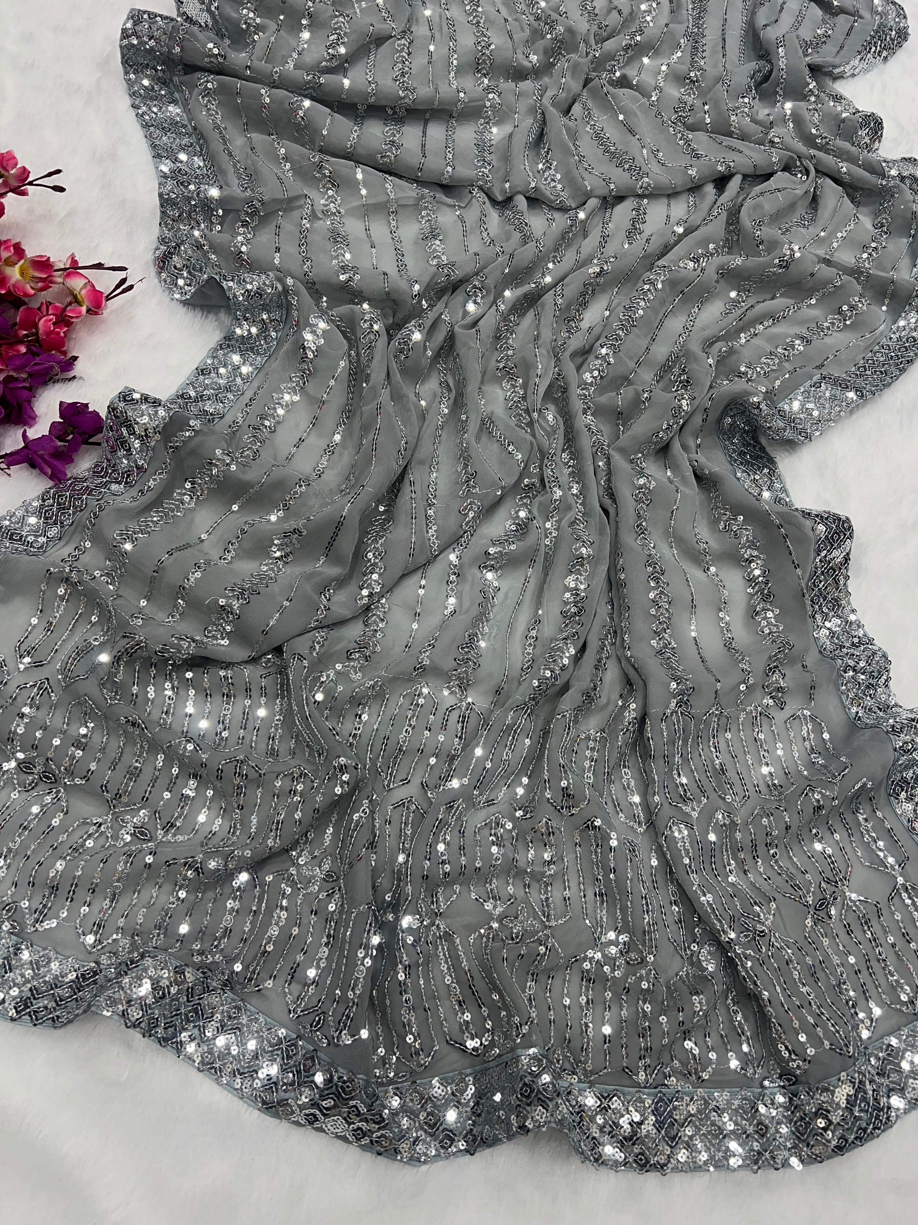 Party Wear Saree With Sequins Embroidery Work With Lace Border