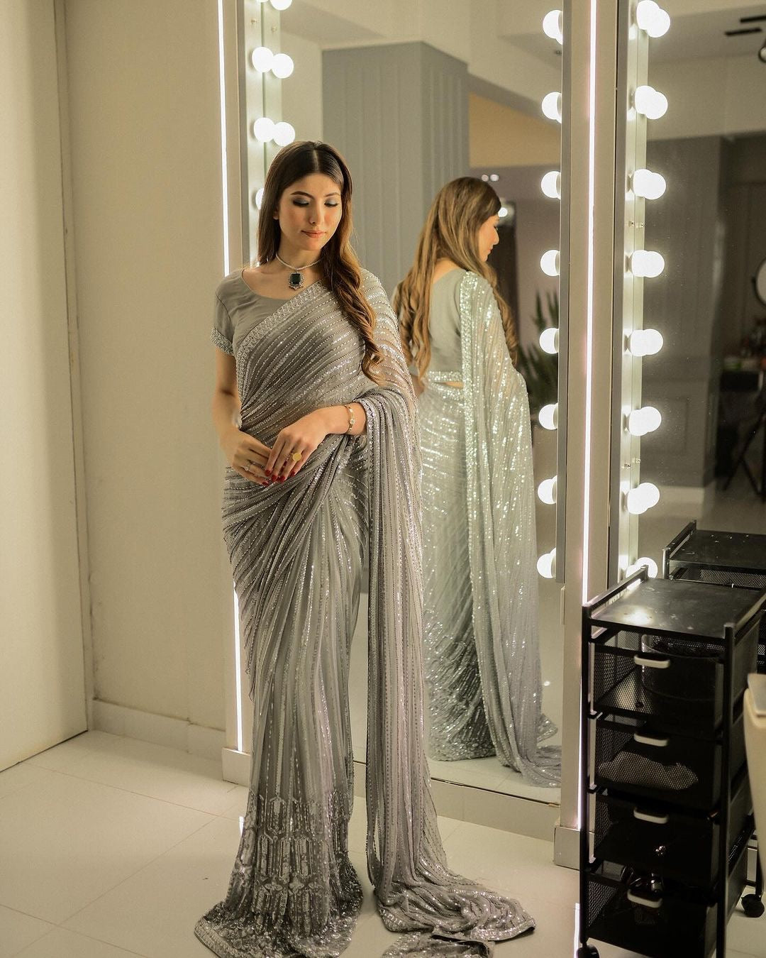 Party Wear Saree With Sequins Embroidery Work With Lace Border