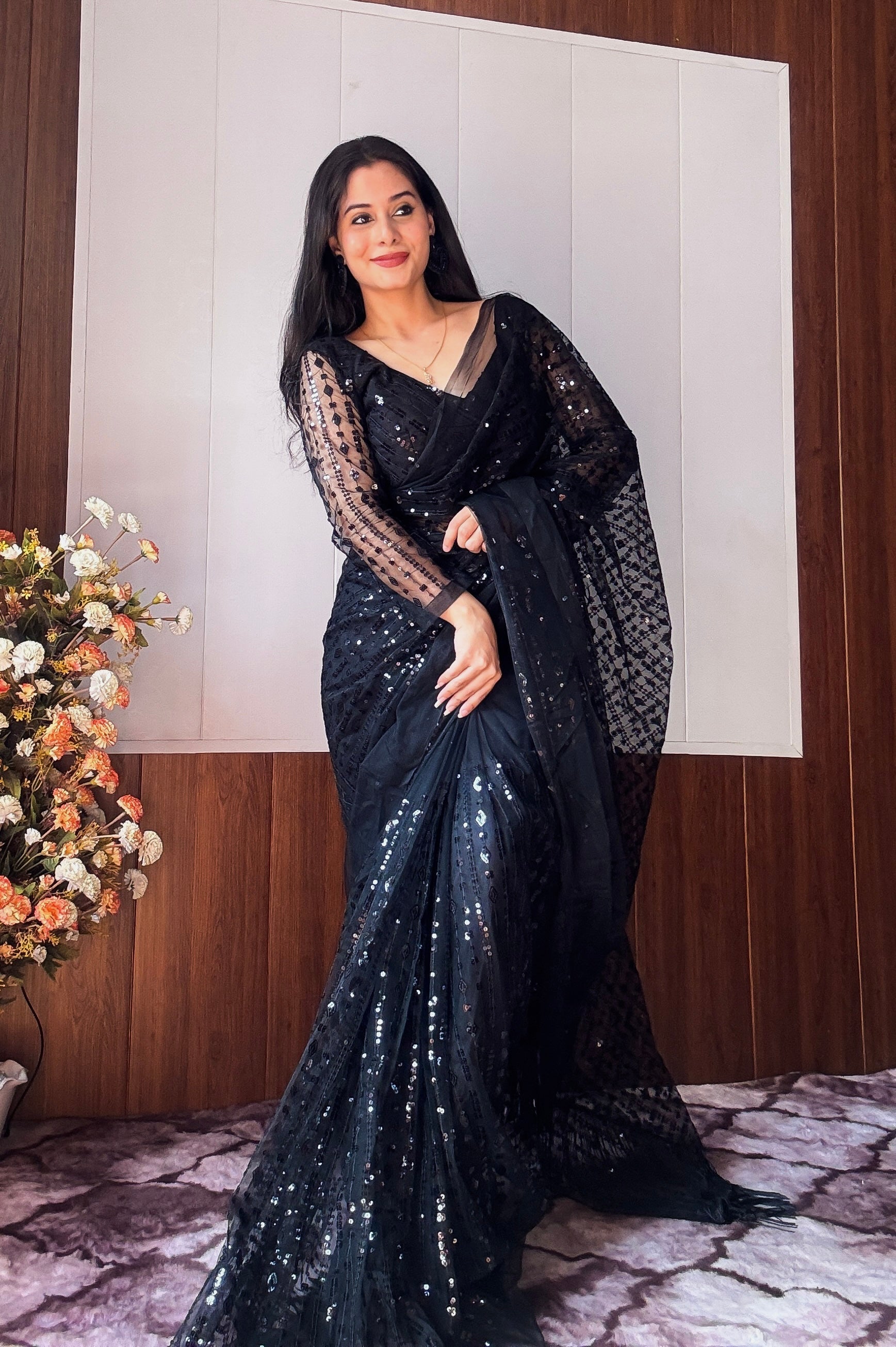 Stunning Ready To Wear Saree With Sequins & Thread Work