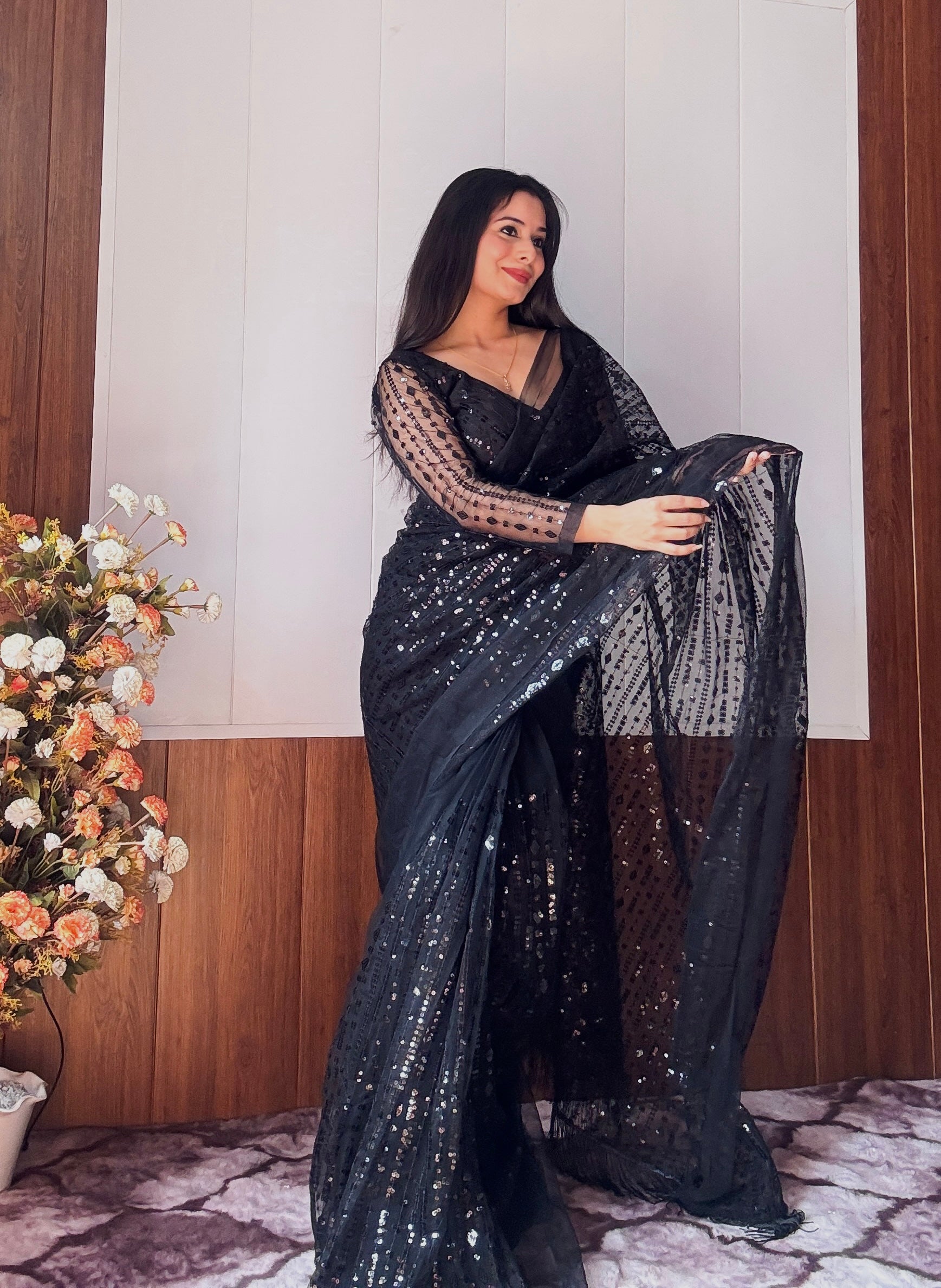 Stunning Ready To Wear Saree With Sequins & Thread Work