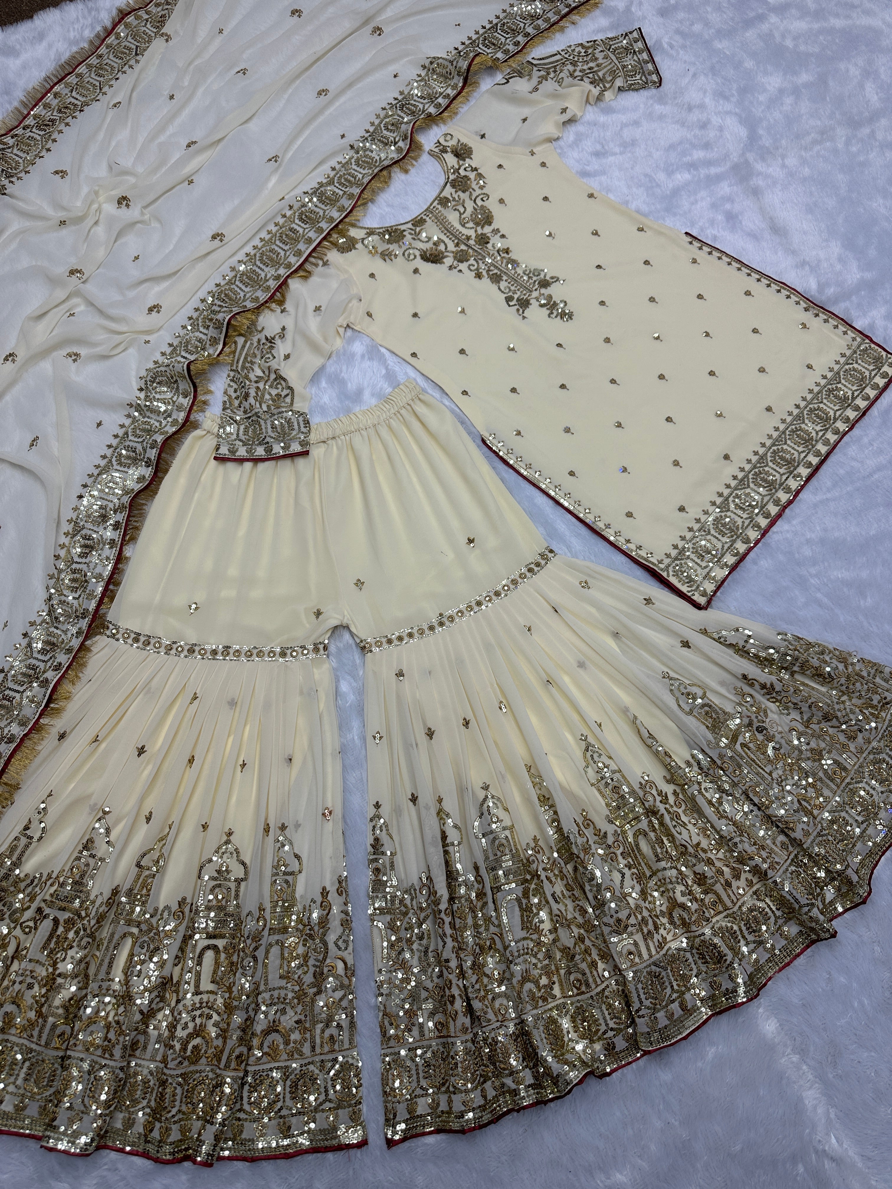 Beautiful Top - Sharara & Dupatta With Embroidery And Sequins Work