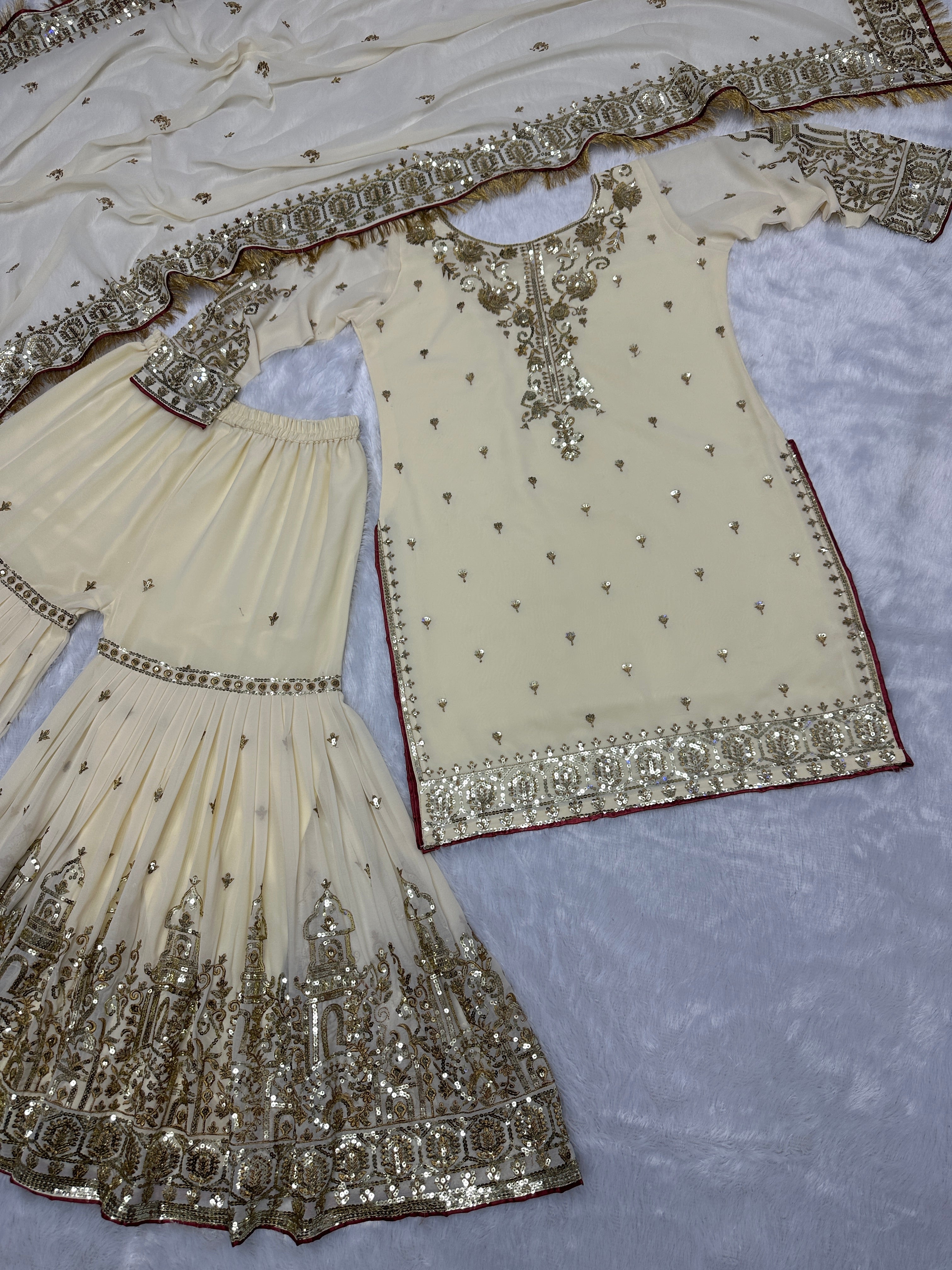Beautiful Top - Sharara & Dupatta With Embroidery And Sequins Work