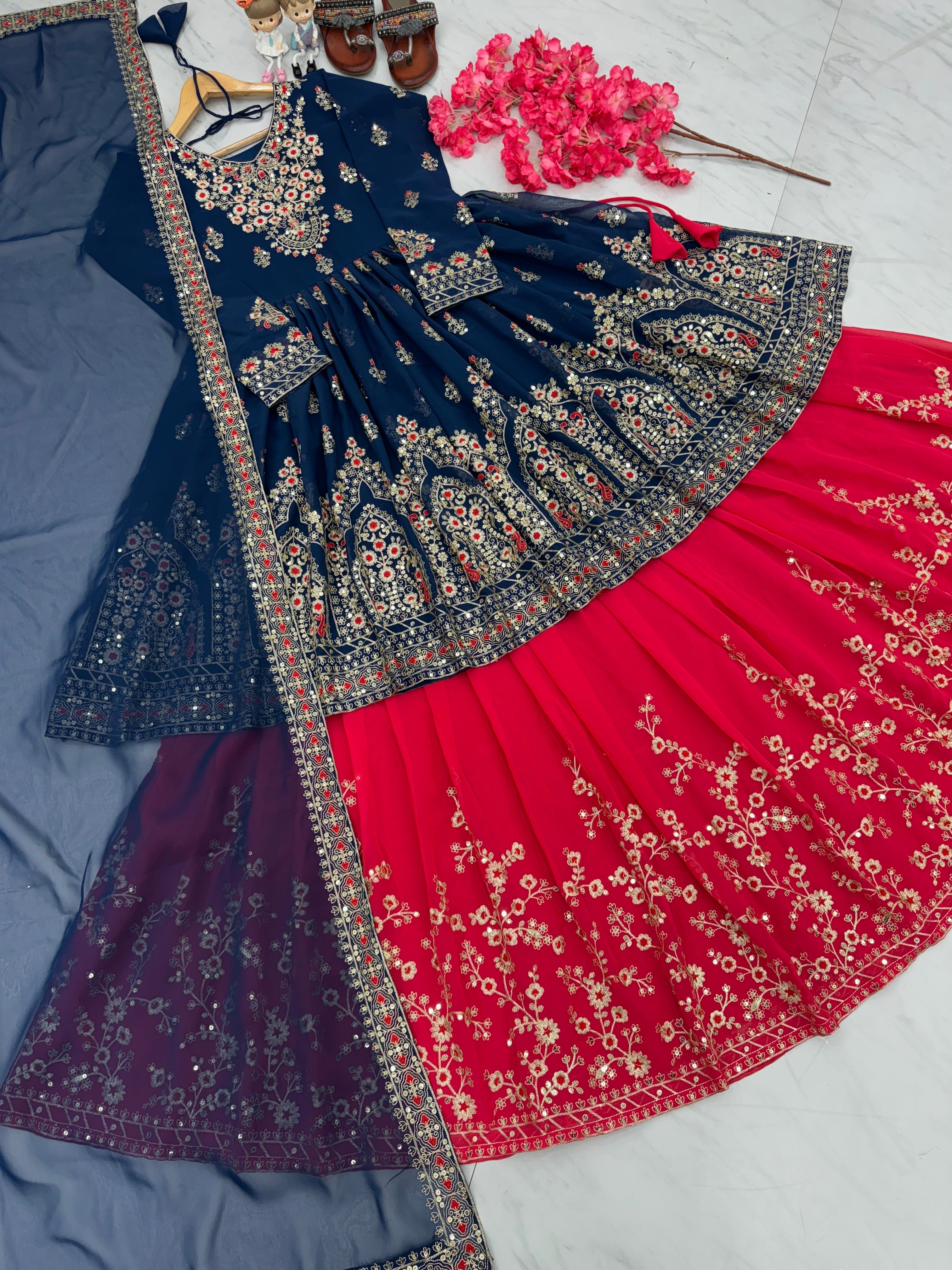 Beautiful Party Wear Look Heavy Faux Georgette Top Lehenga & Dupatta Set