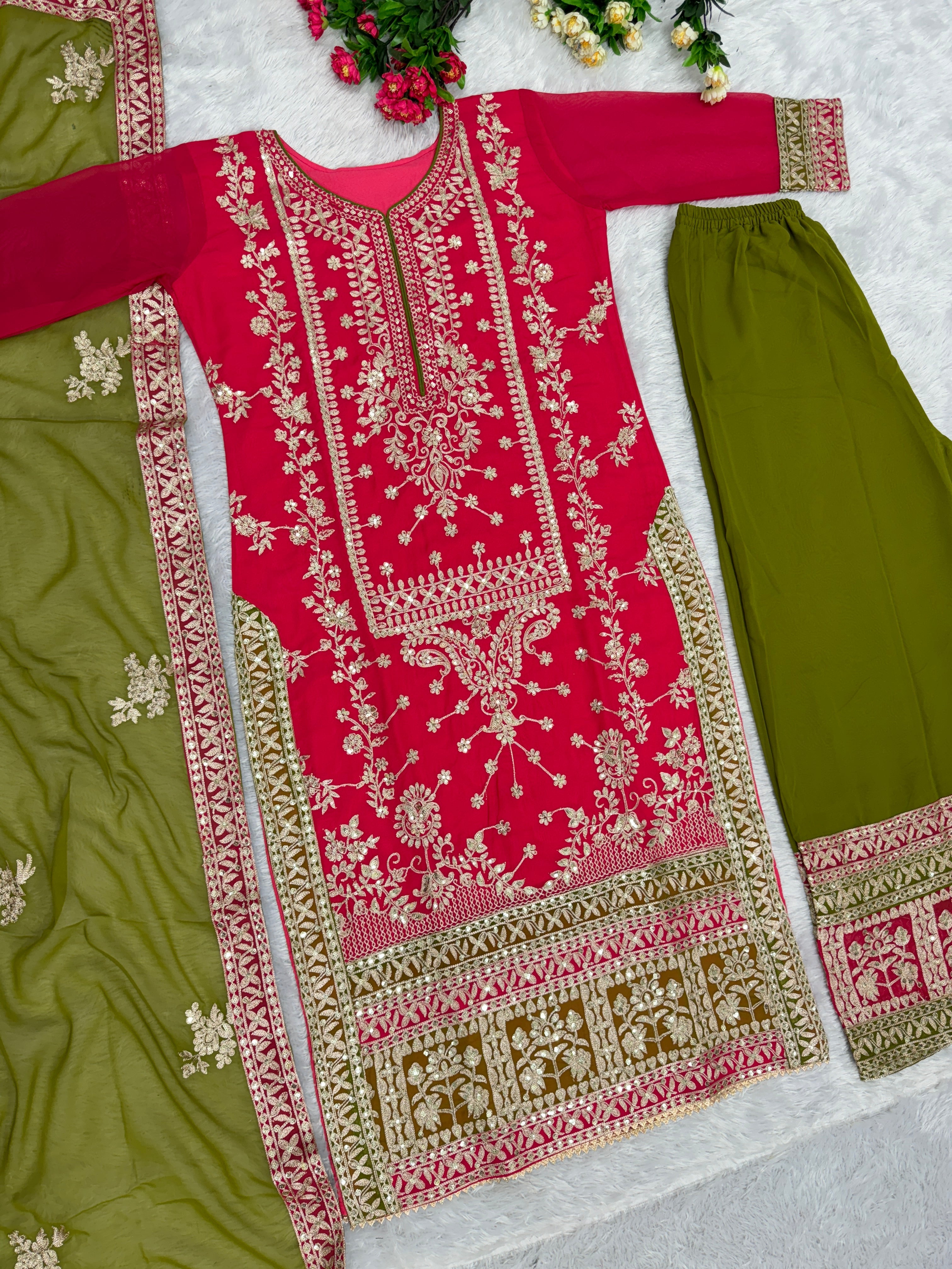 Beautiful Party Wear Top Plazzo And Dupatta With Dimond Work