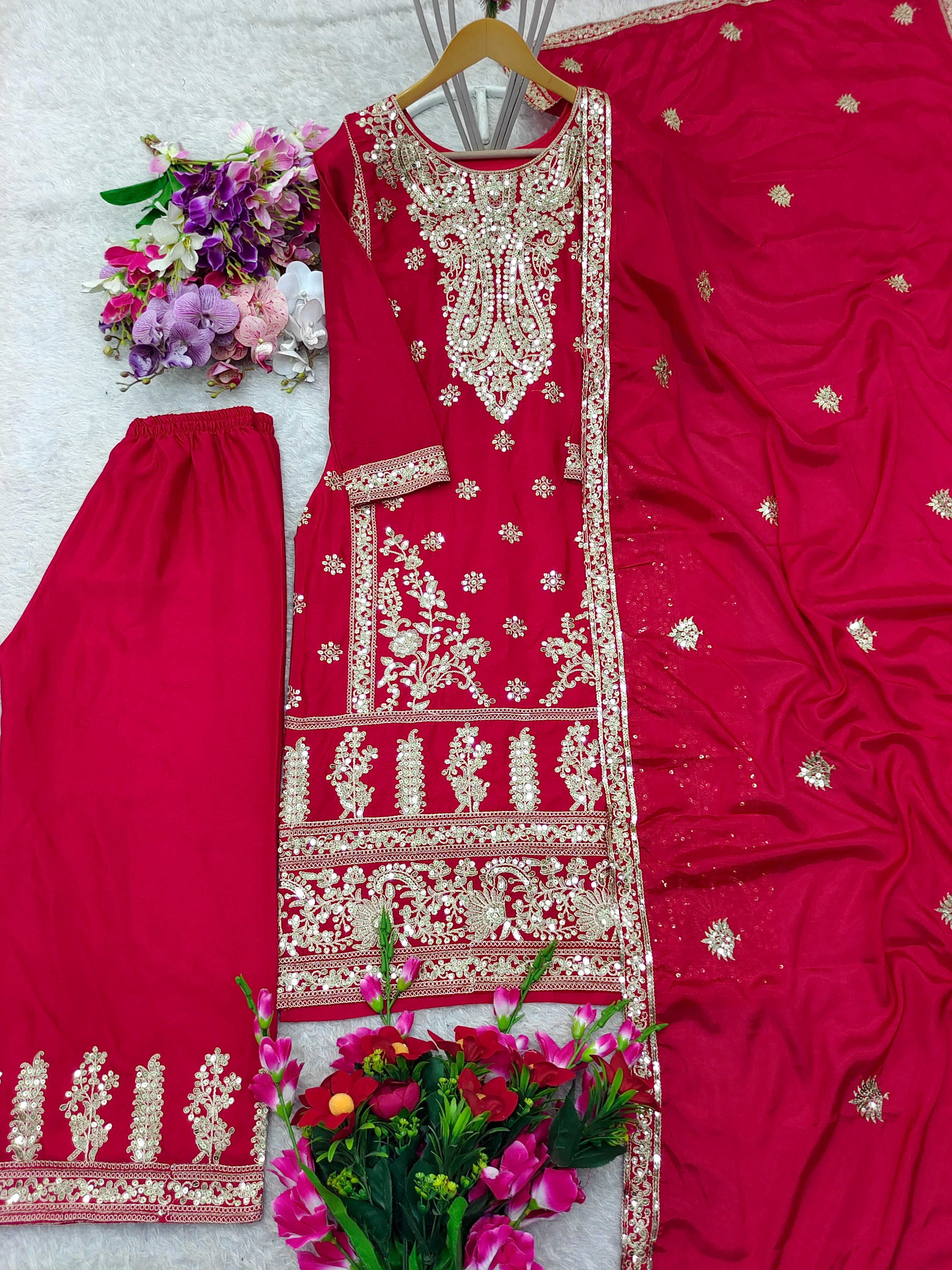 पार्टी वियर टॉप- सरारा और दुपट्टा सीक्वेंस वर्क के साथ